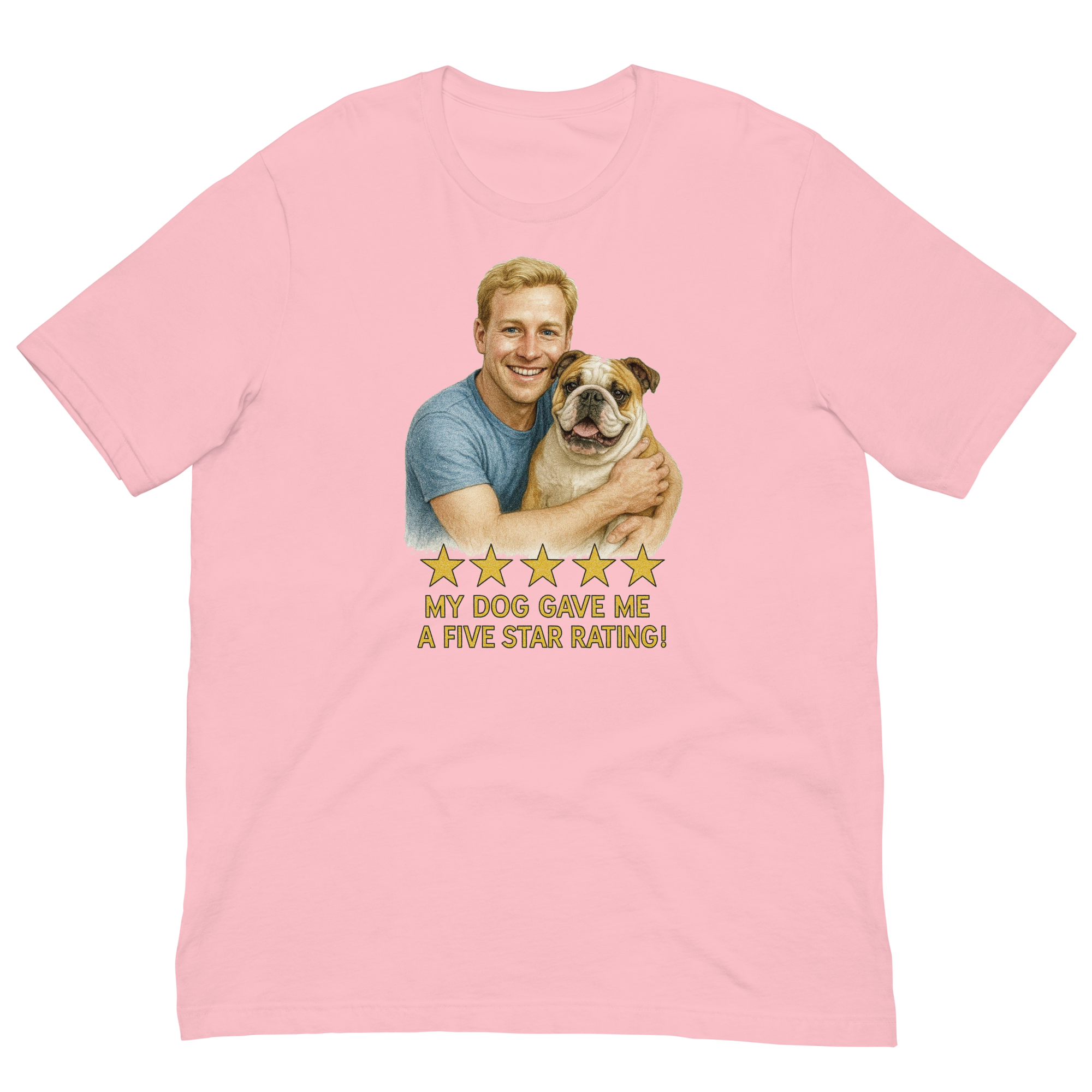 Blonde Man with Bulldog graphic tee.