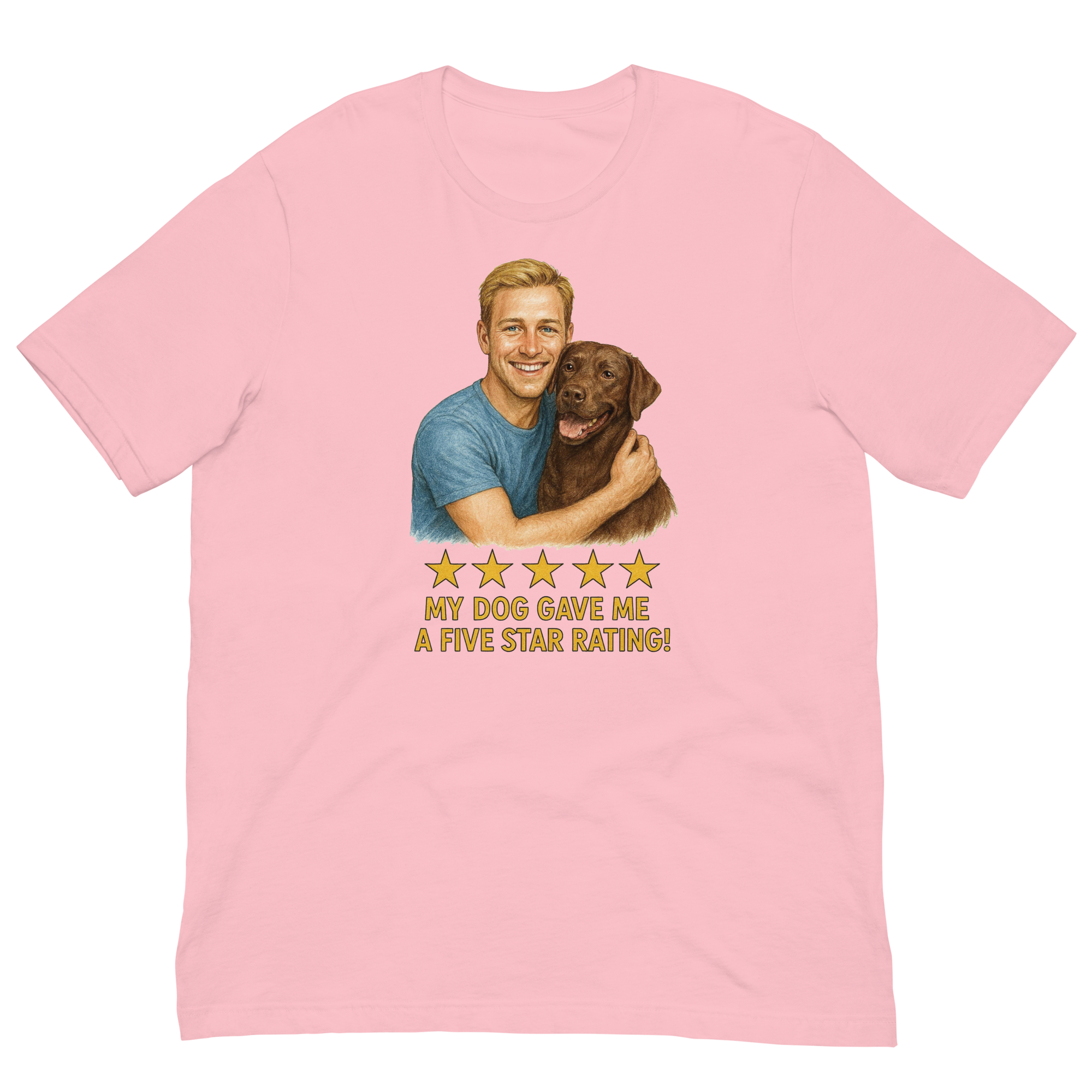 Blonde Man with Chocolate Labrador graphic tee.
