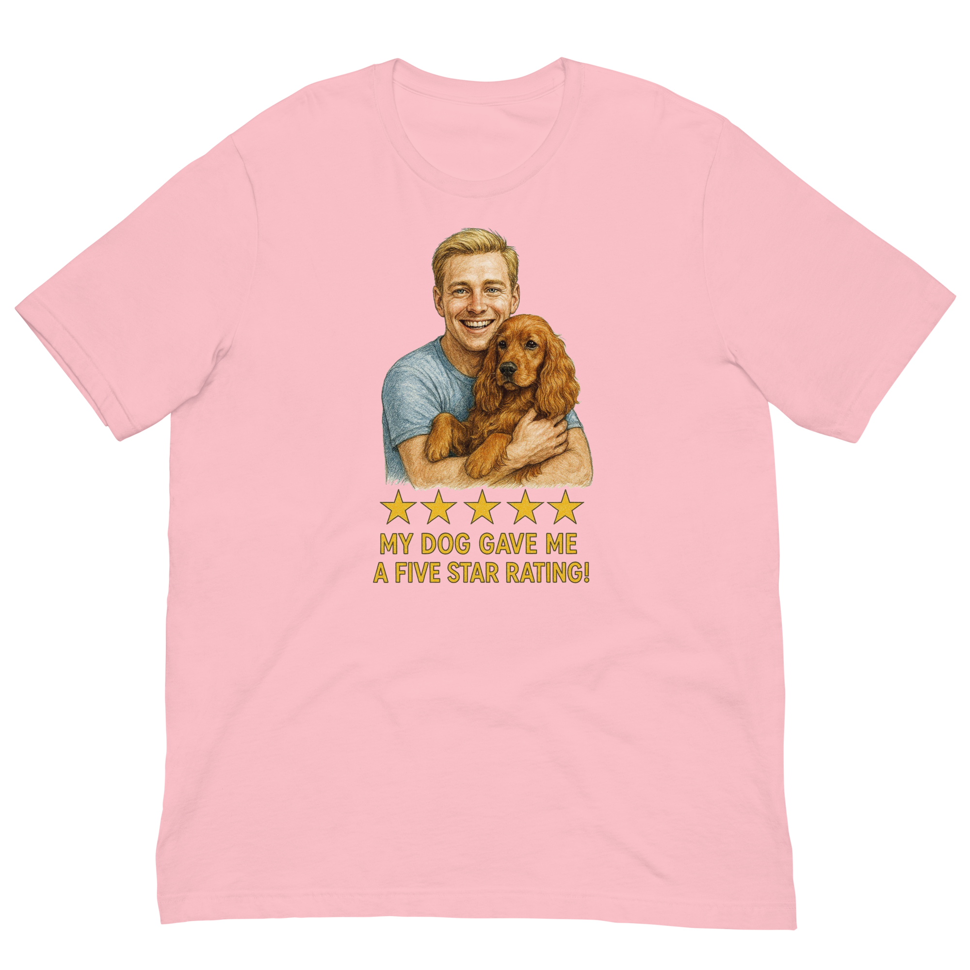 Blonde Man with Cocker Spaniel graphic tee.