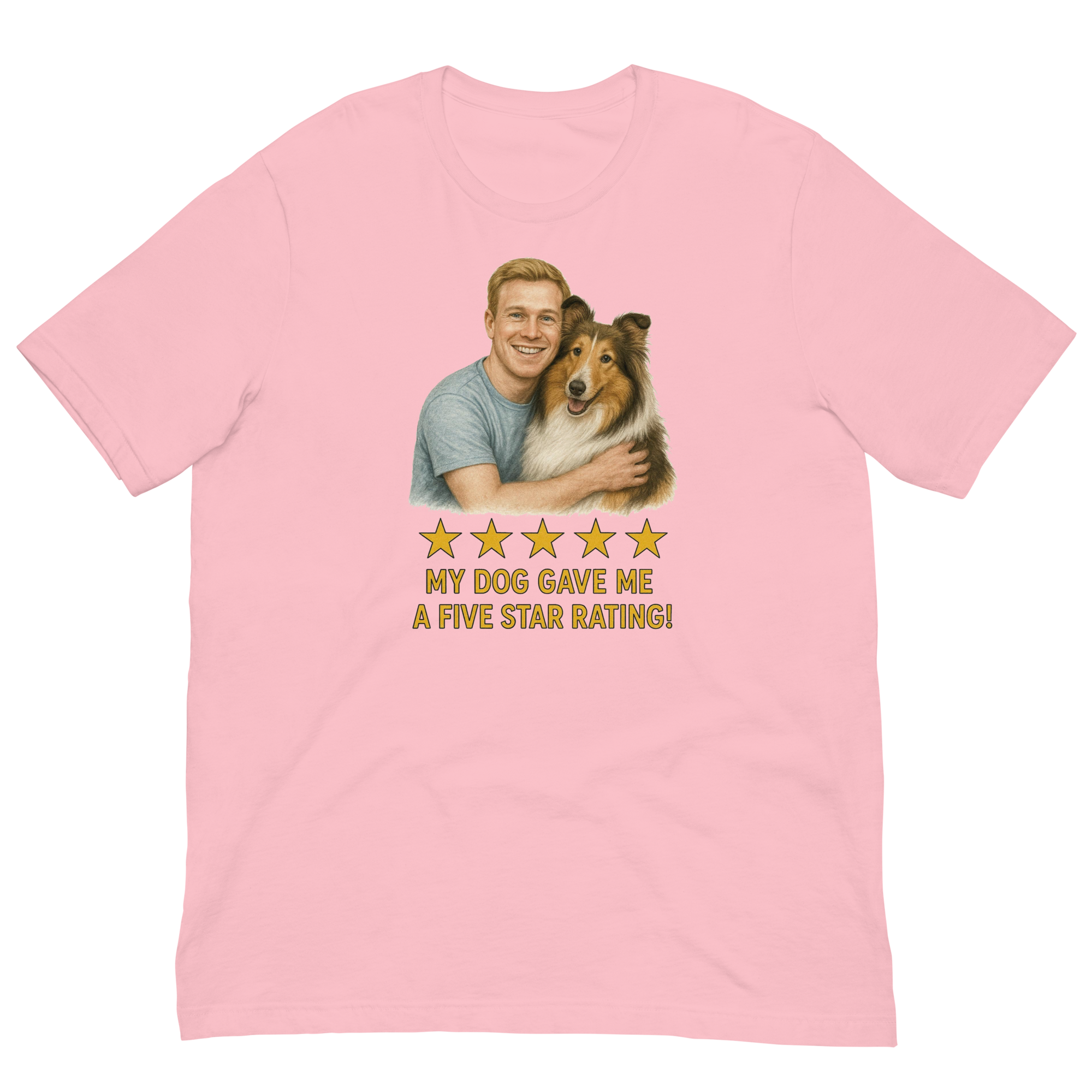 Blonde Man with Collie graphic tee.