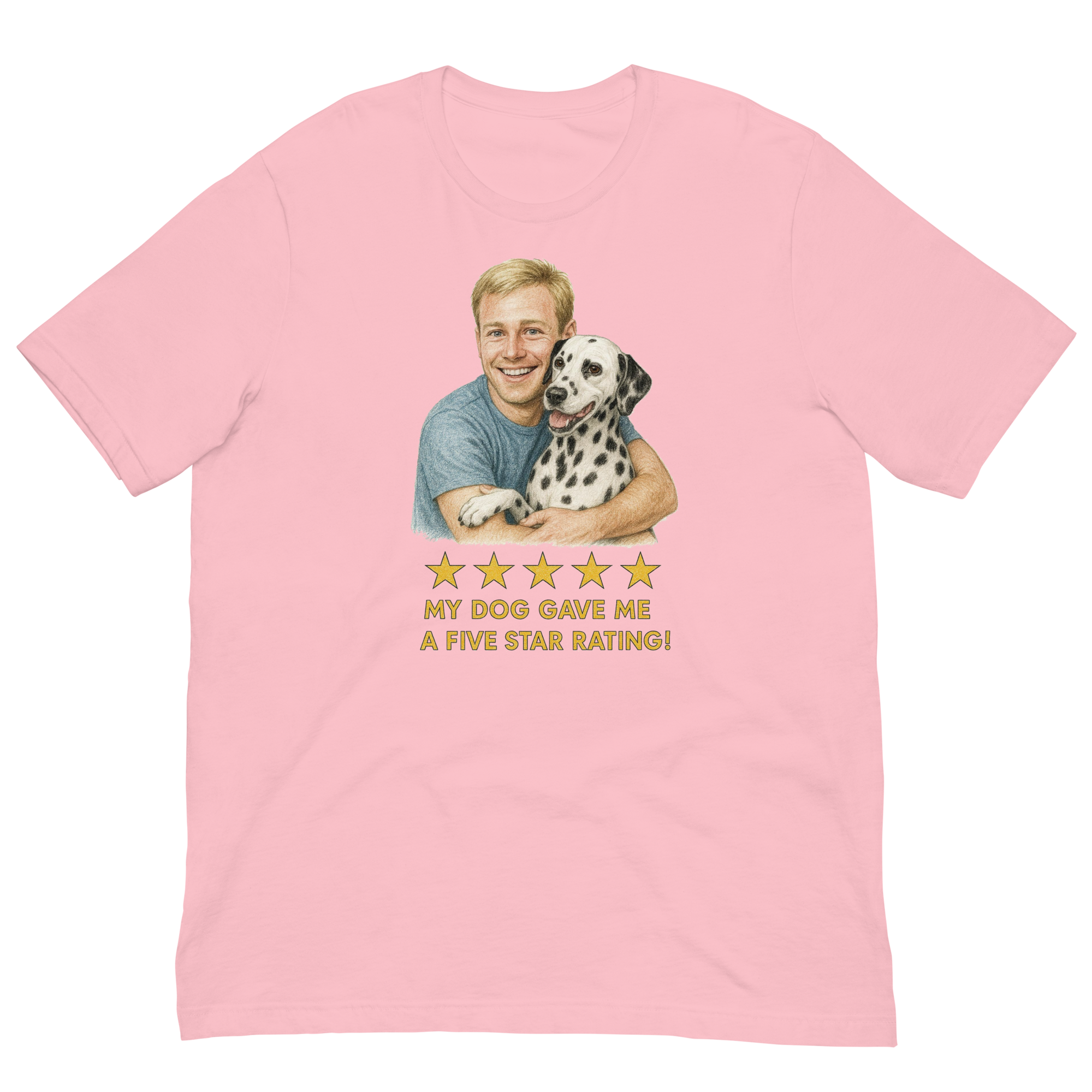Blonde Man with Dalmatian graphic tee.