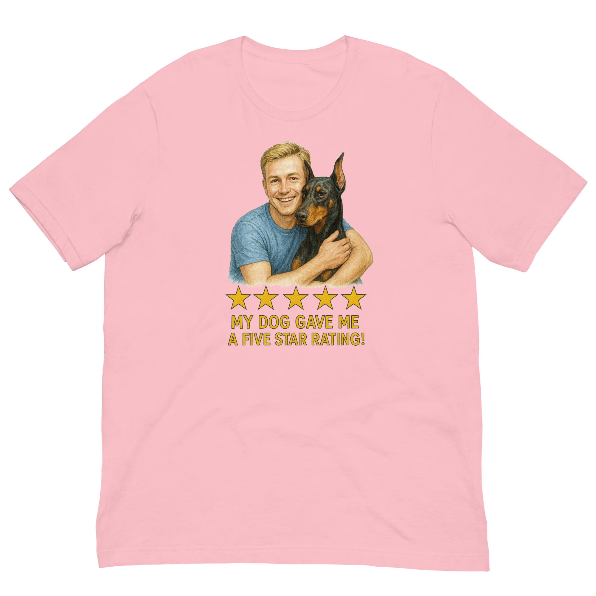 Blonde Man with Doberman Pinscher graphic tee.