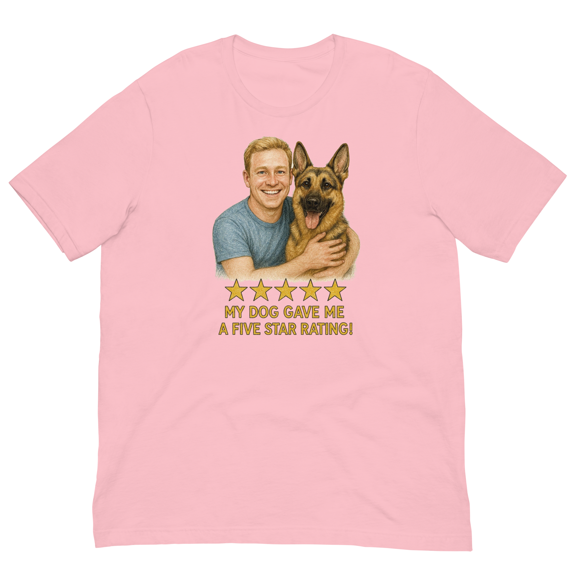Blonde Man with German Shepherd graphic tee.
