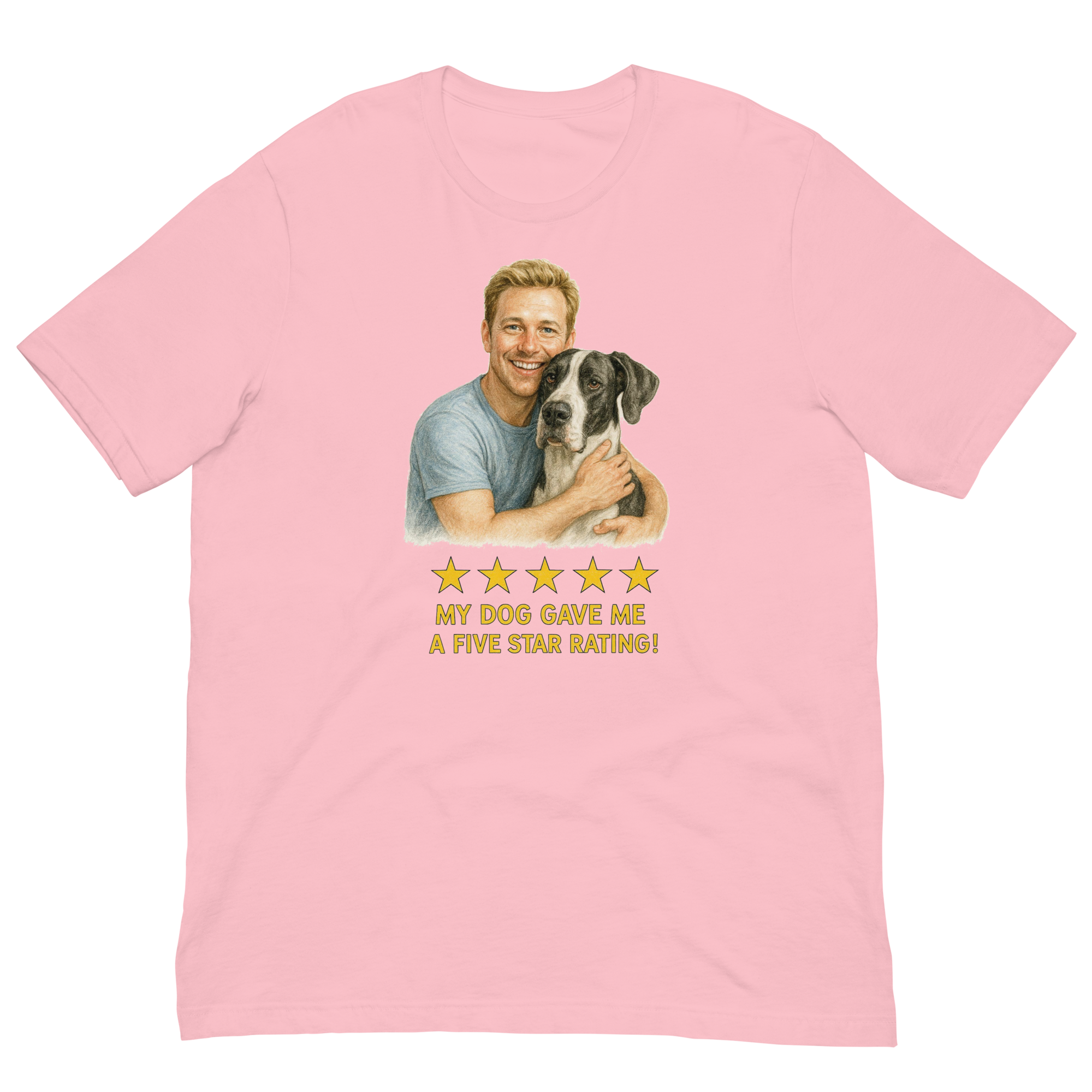 Blonde Man with Great Dane graphic tee.