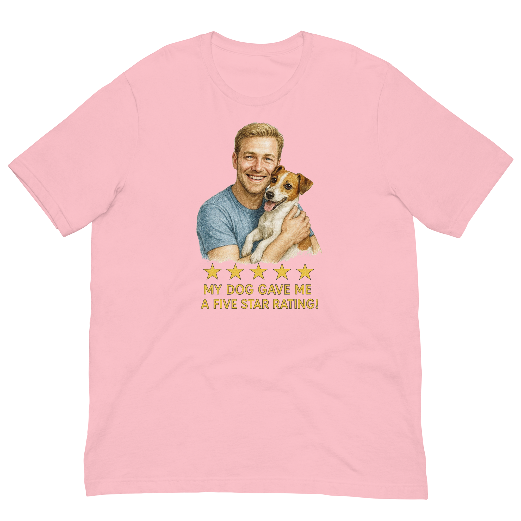 Blonde Man with Jack Russell Terrier graphic tee.