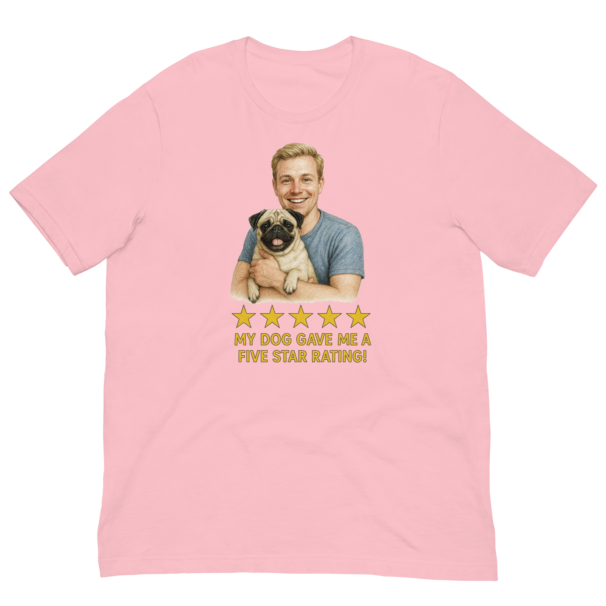 Blonde Man with Pug graphic tee.