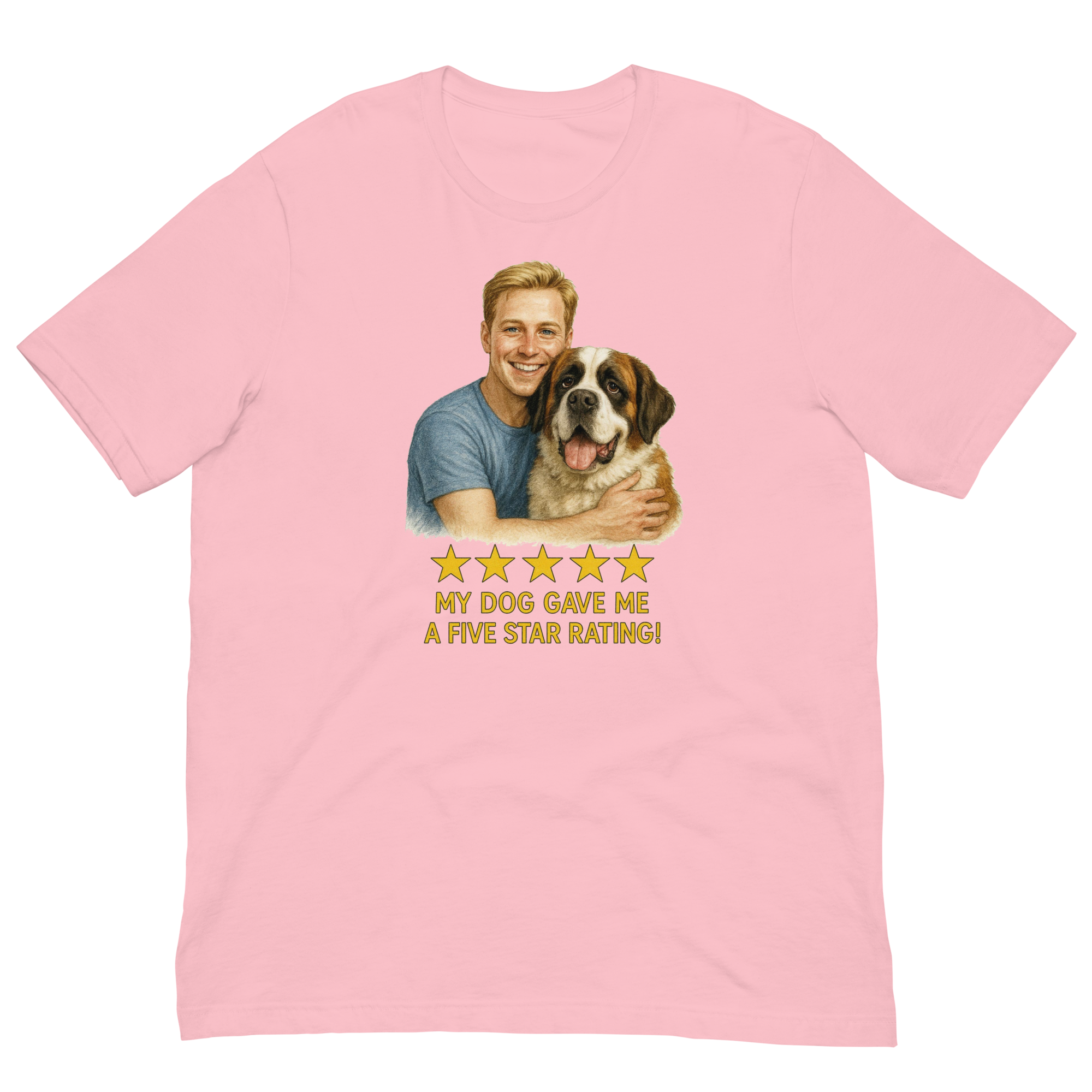 Blonde Man with Saint Bernard graphic tee.