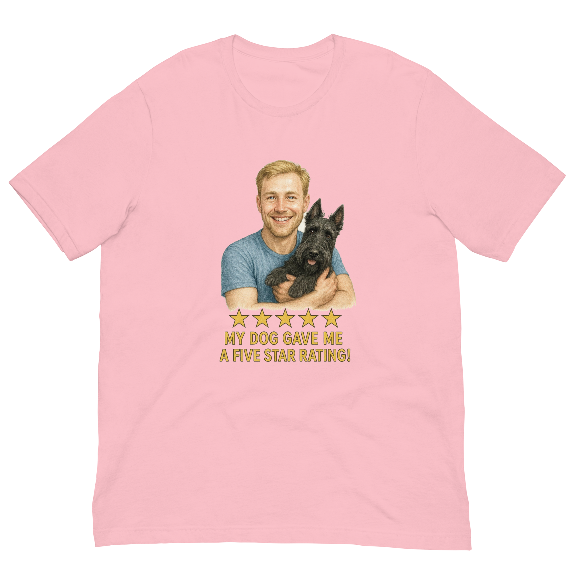 Blonde Man with Scottie graphic tee.