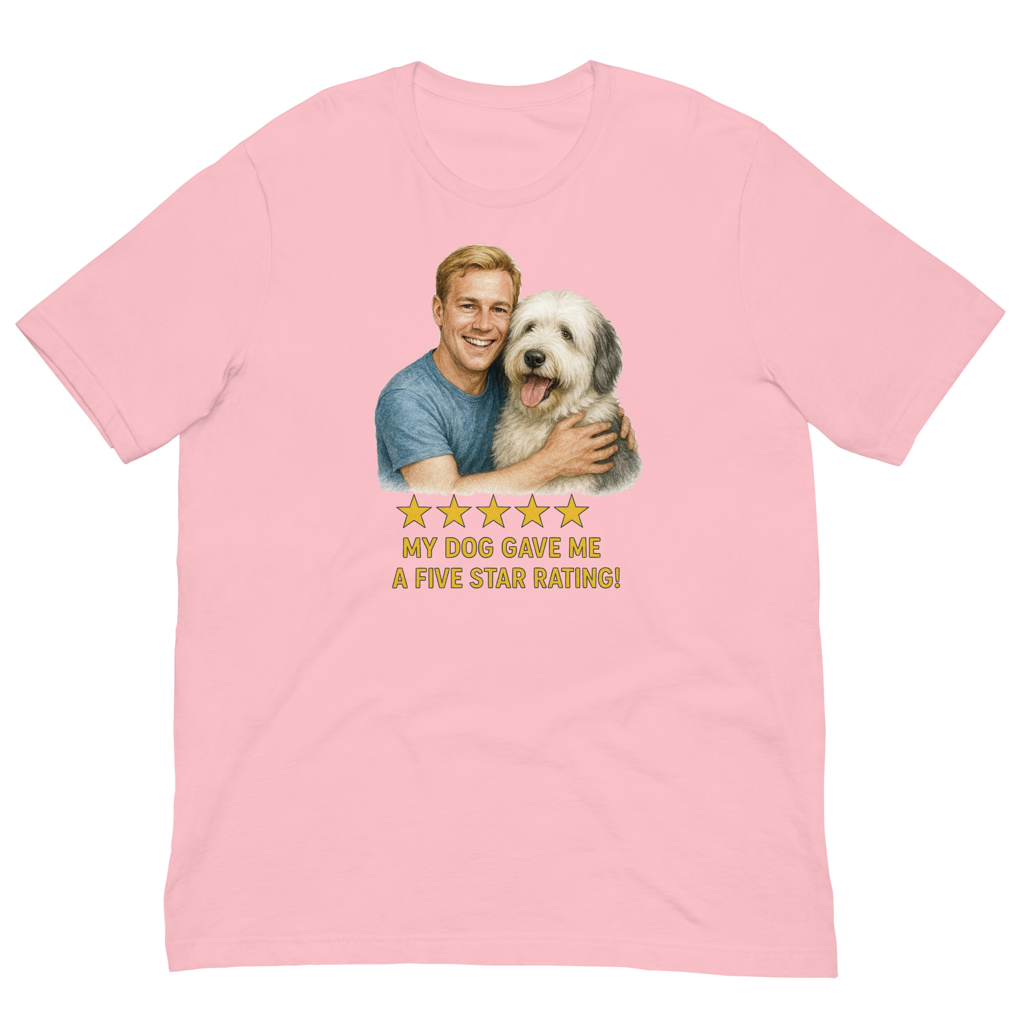 Blonde Man with Sheepdog graphic tee.