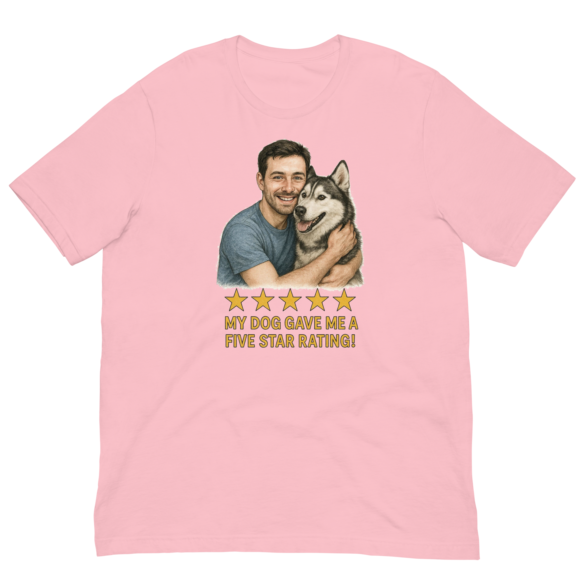 Brunette Man with Alaskan Husky graphic tee.