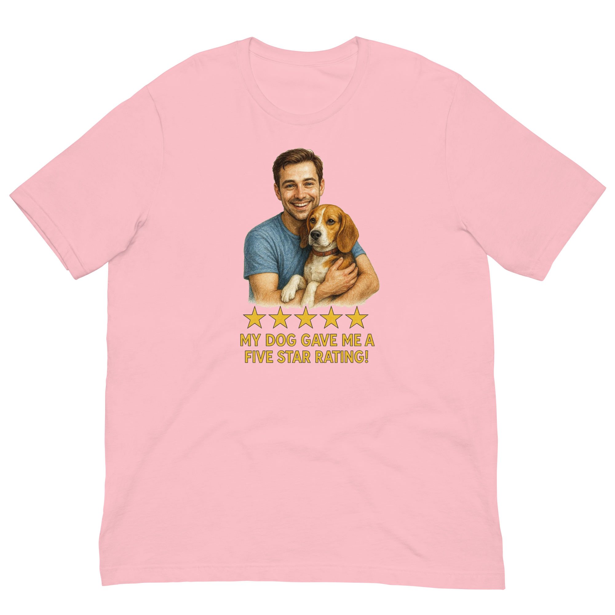 Brunette Man with Beagle graphic tee.
