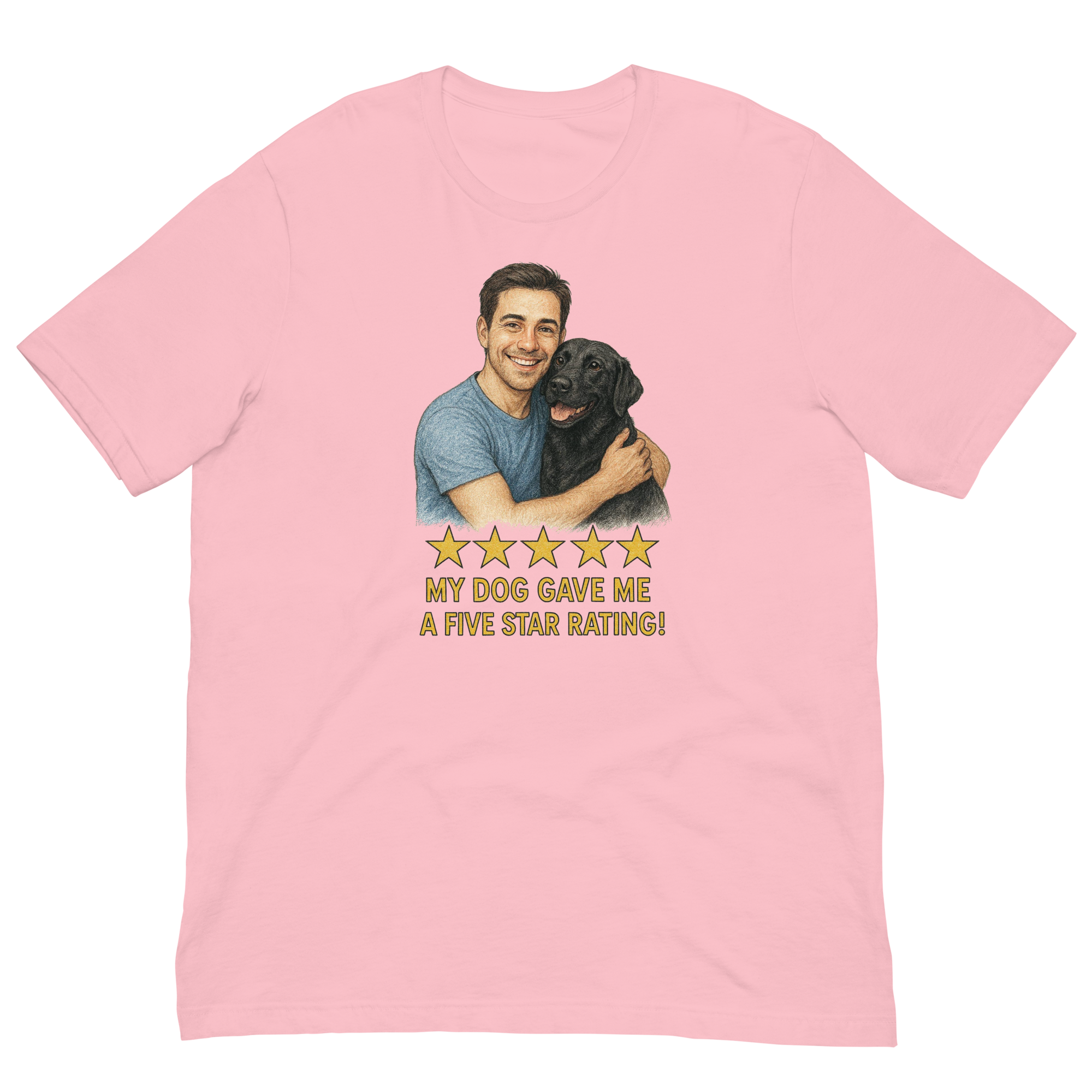 Brunette Man with Black Labrador graphic tee.