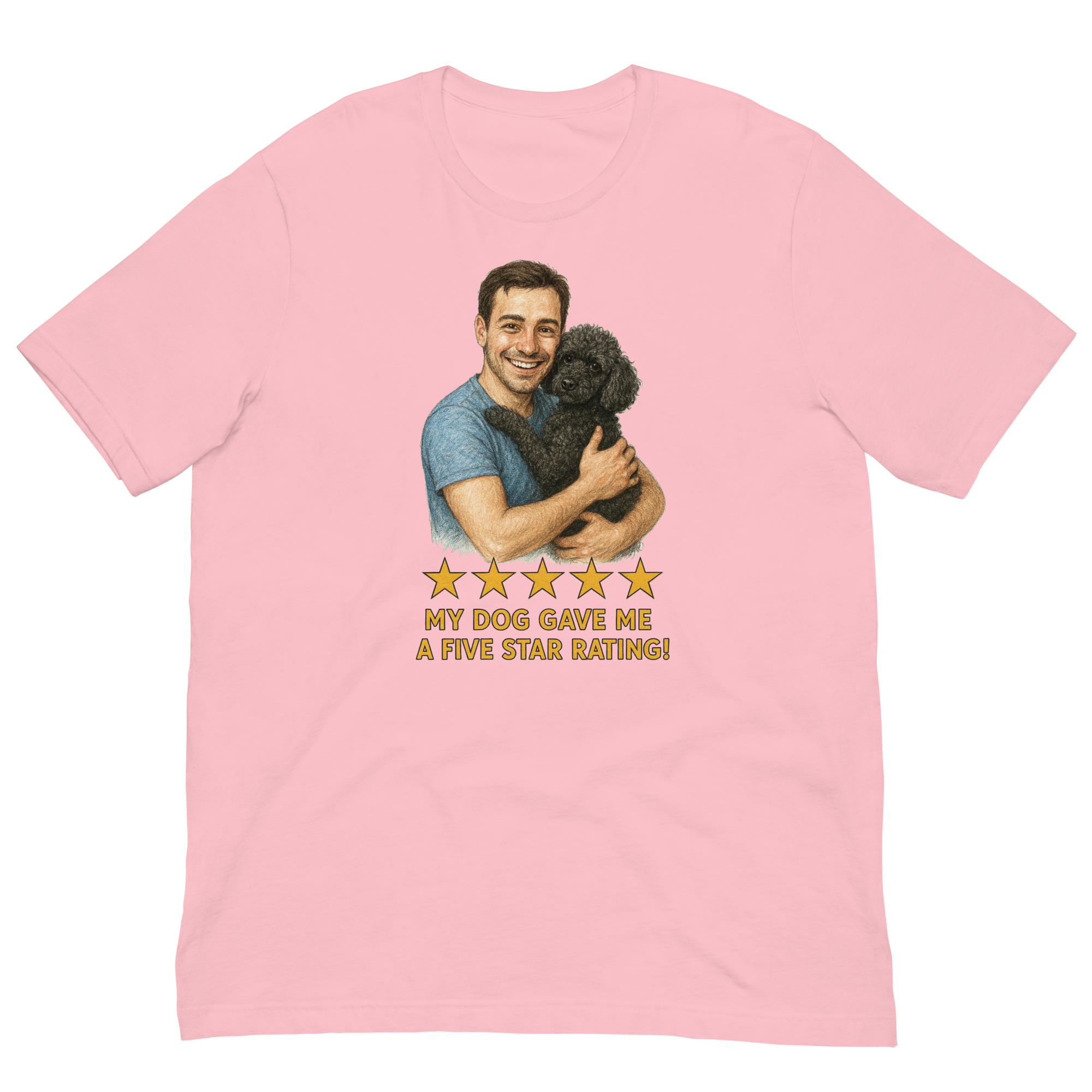 Brunette Man with Black Poodle graphic tee.