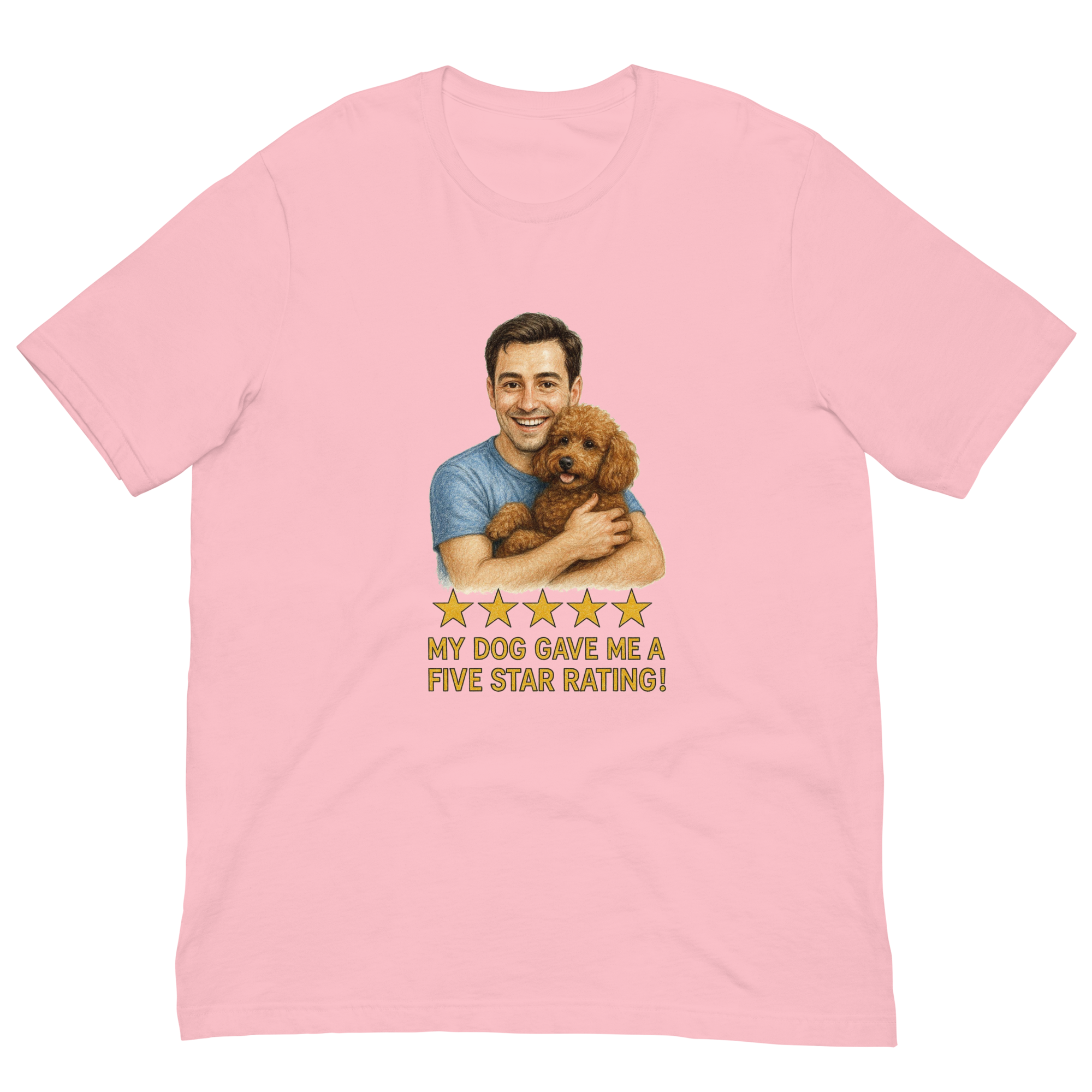 Brunette Man with Brown Poodle graphic tee.