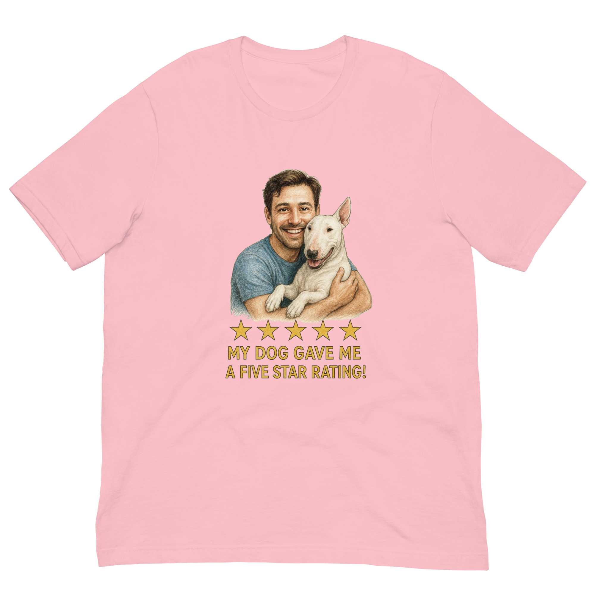 Brunette Man with Bull Terrier graphic tee.