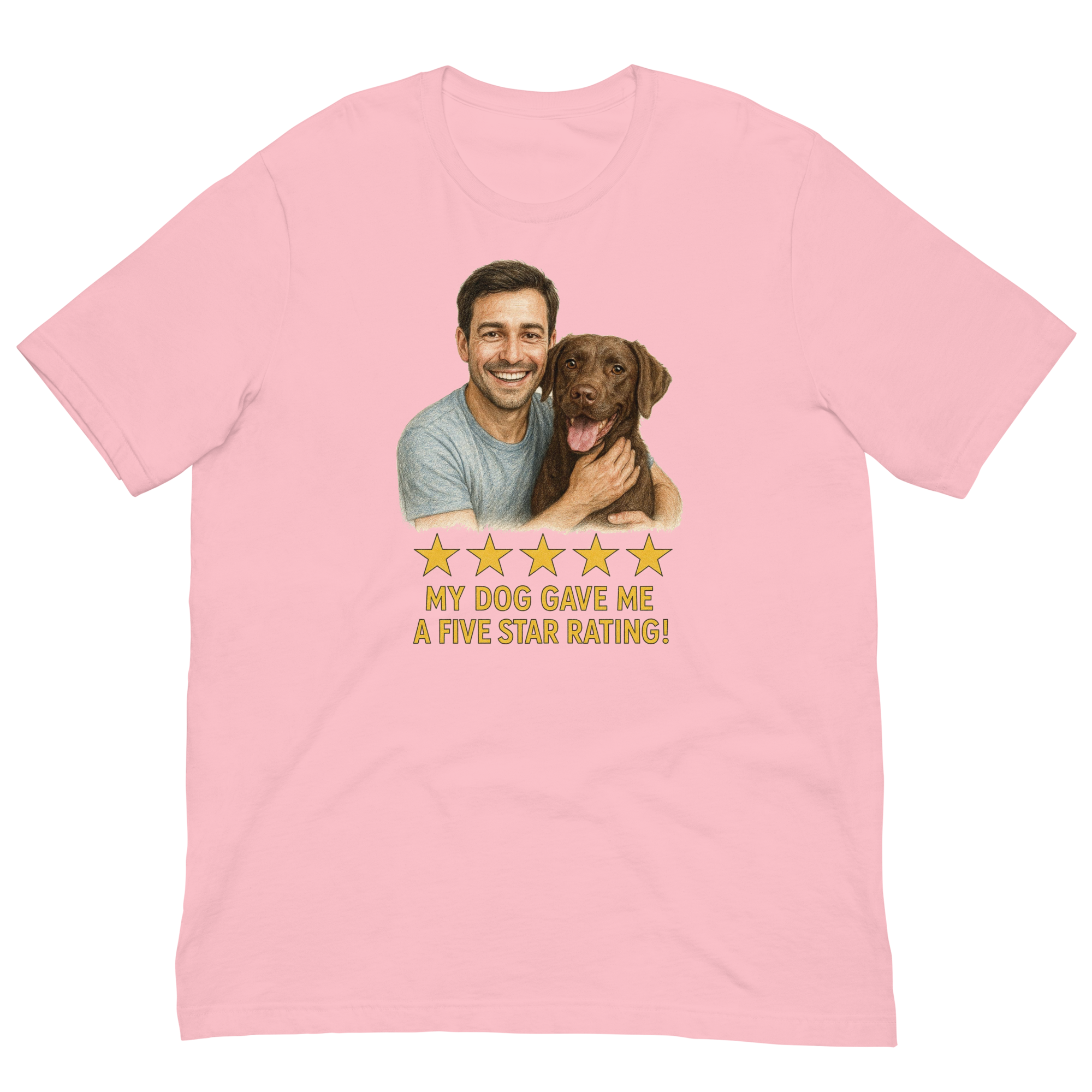 Brunette Man with Chocolate Labrador graphic tee.