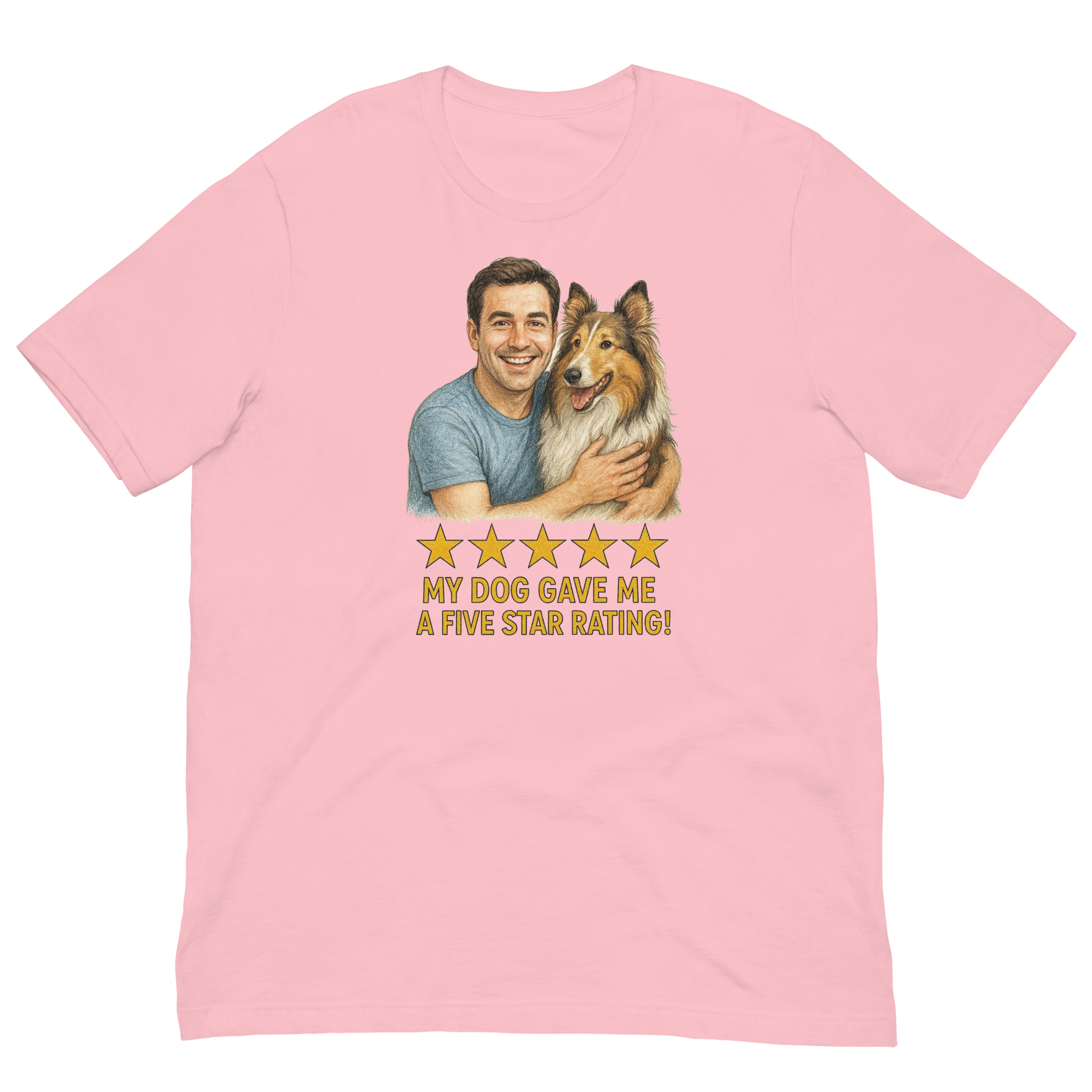 Brunette Man with Collie graphic tee.