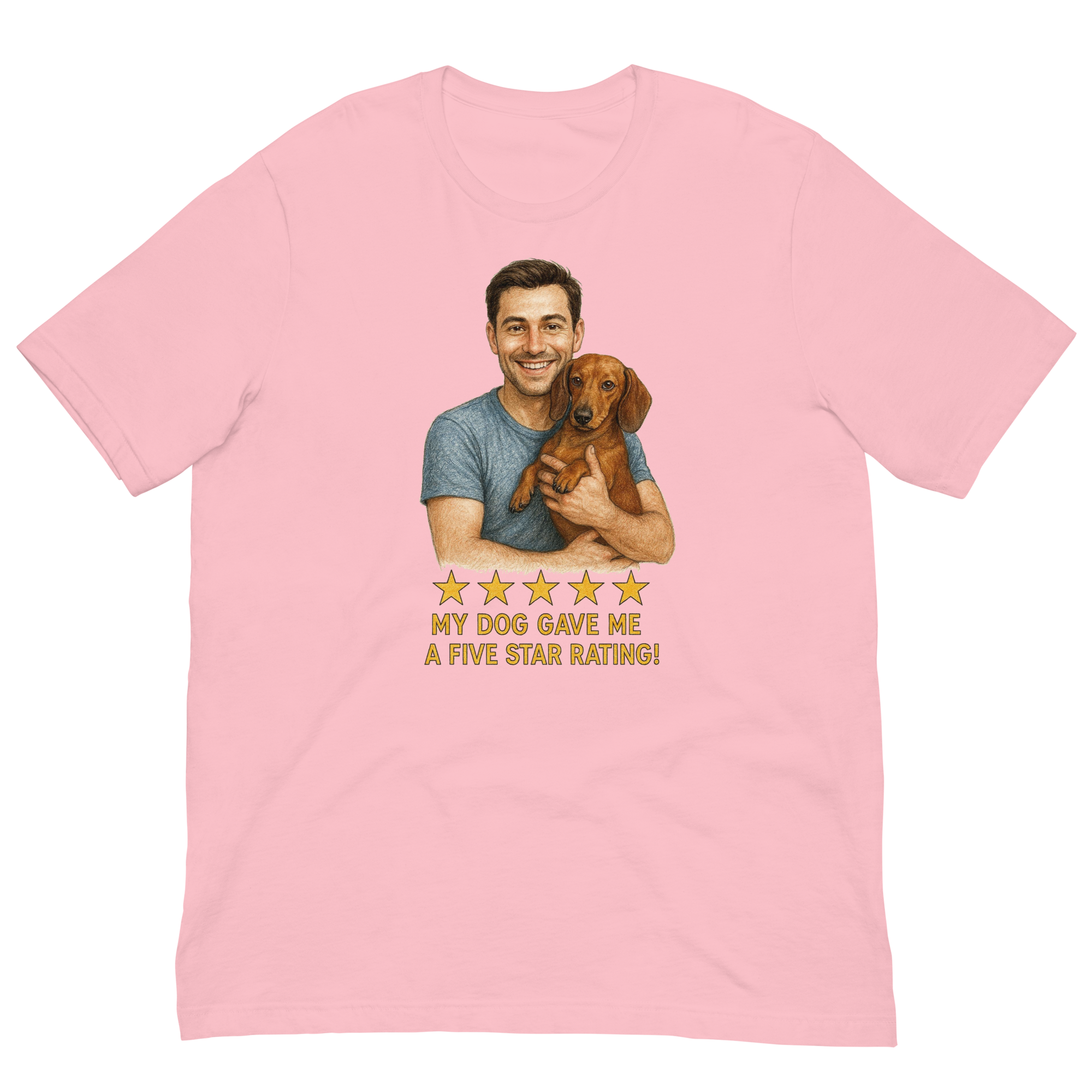 Brunette Man with Dachshund graphic tee.