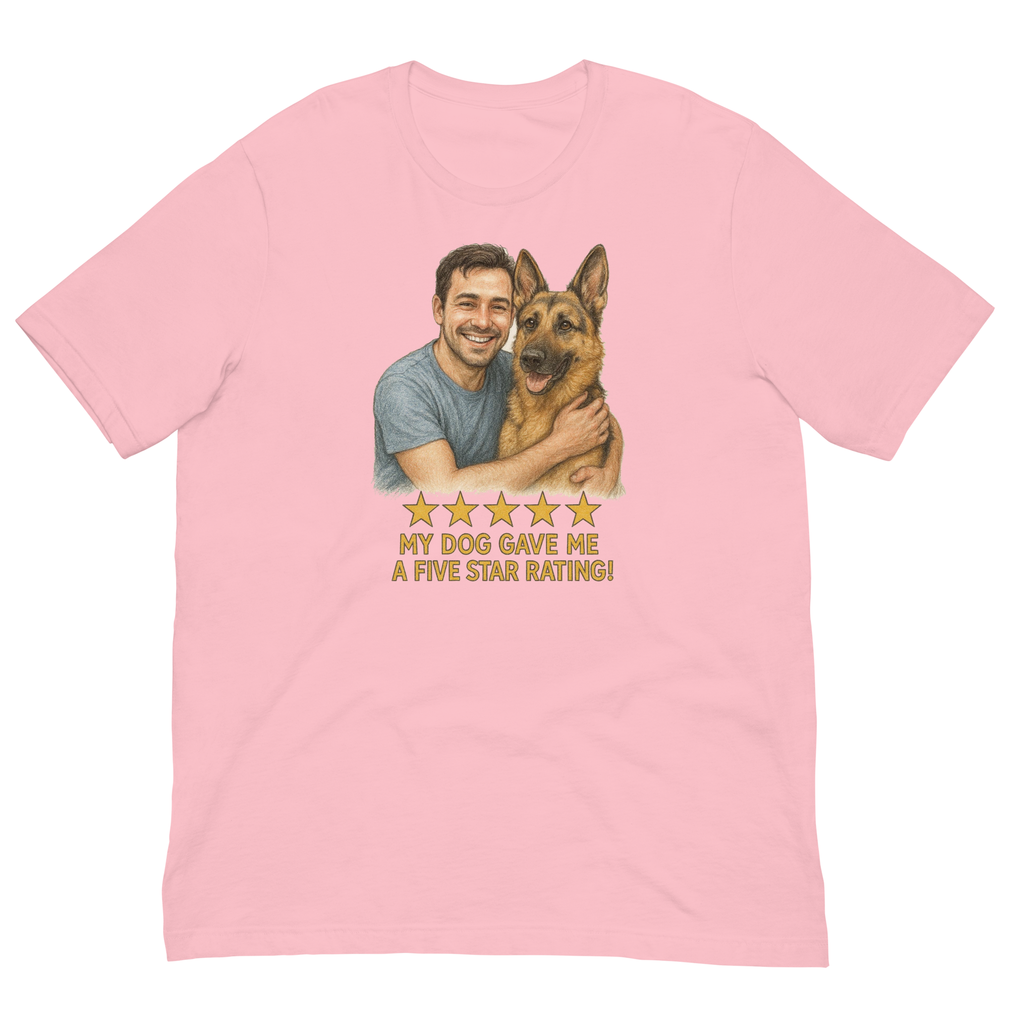 Brunette Man with German Shepherd graphic tee.