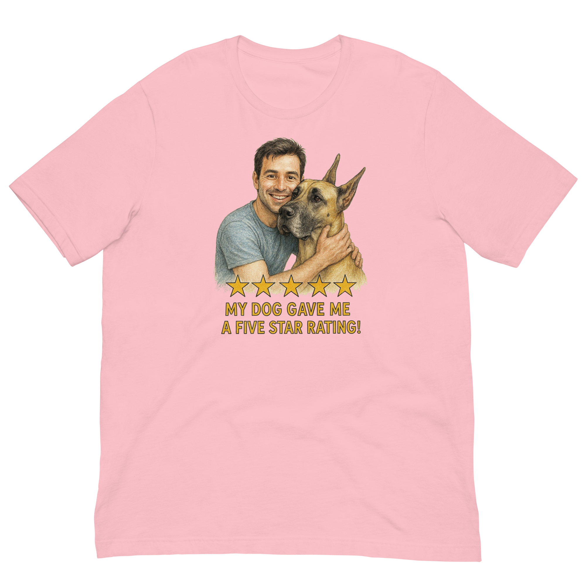 Brunette Man with Great Dane graphic tee.