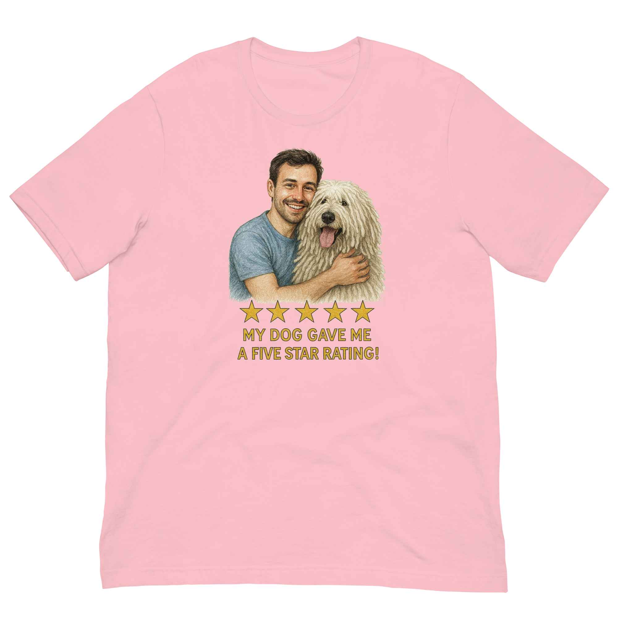Brunette Man with Komondor graphic tee.