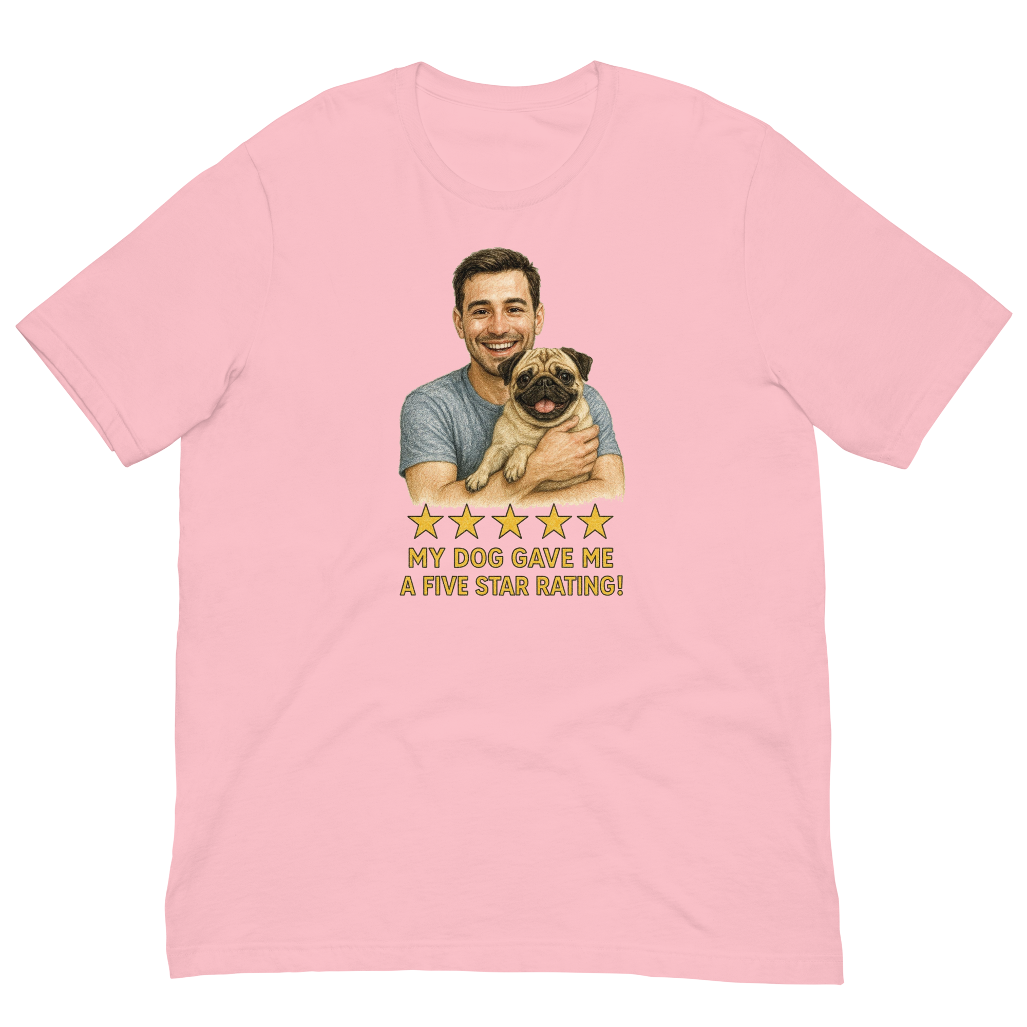 Brunette Man with Pug graphic tee.