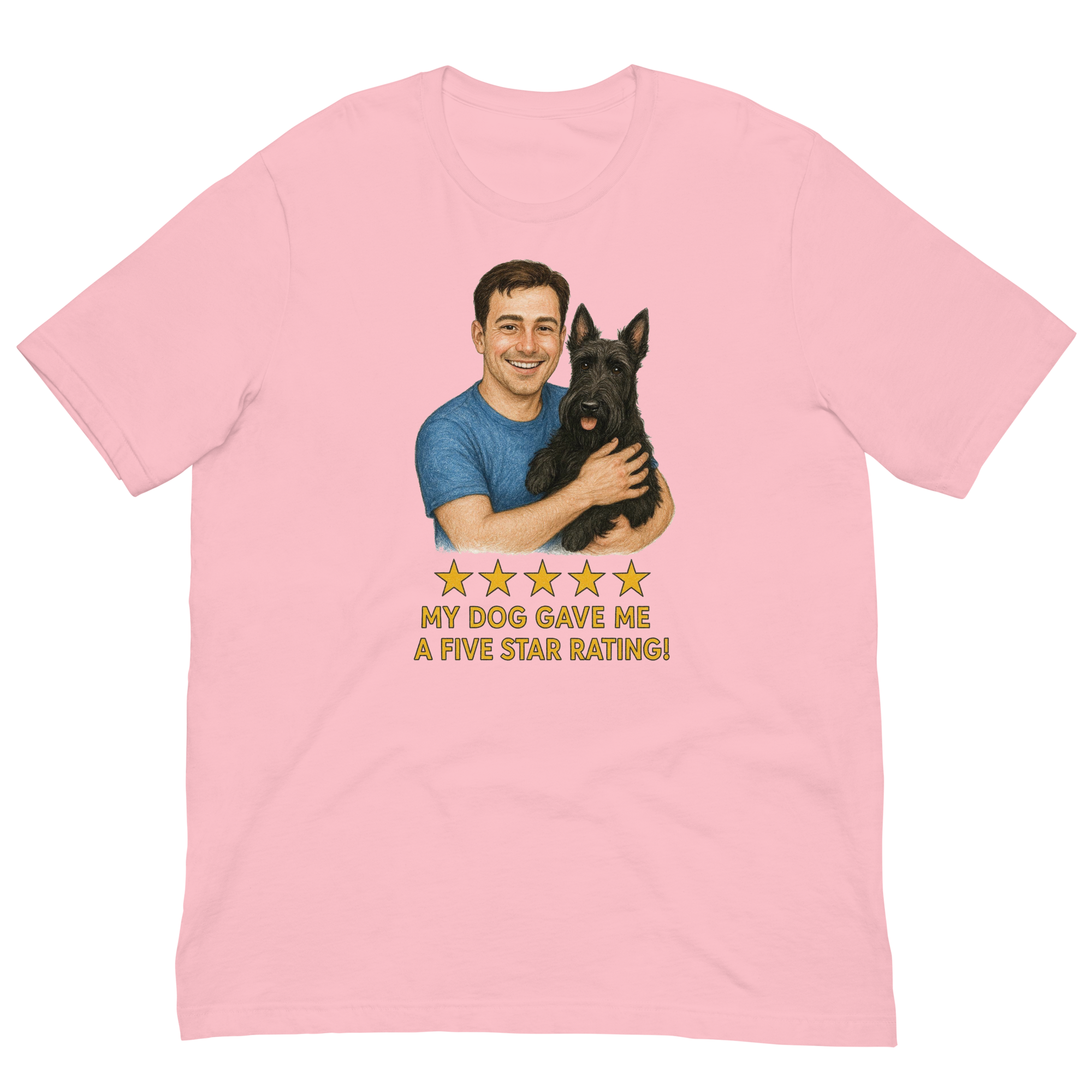 Brunette Man with Scottie graphic tee.