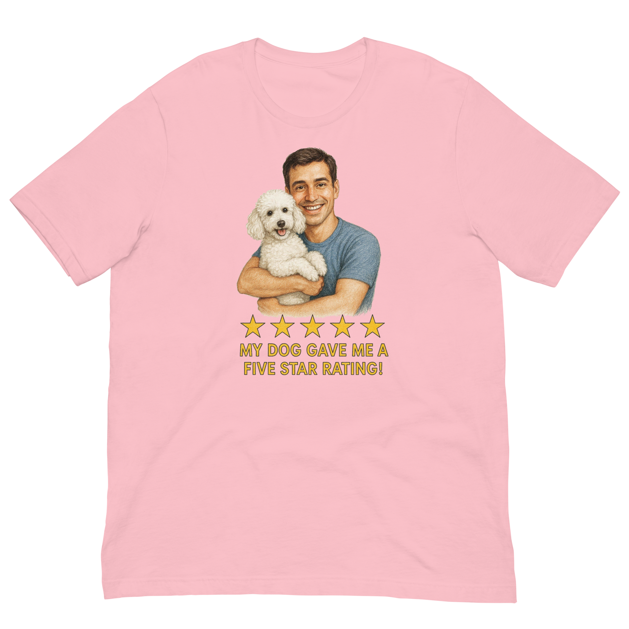 Brunette Man with White Poodle graphic tee.