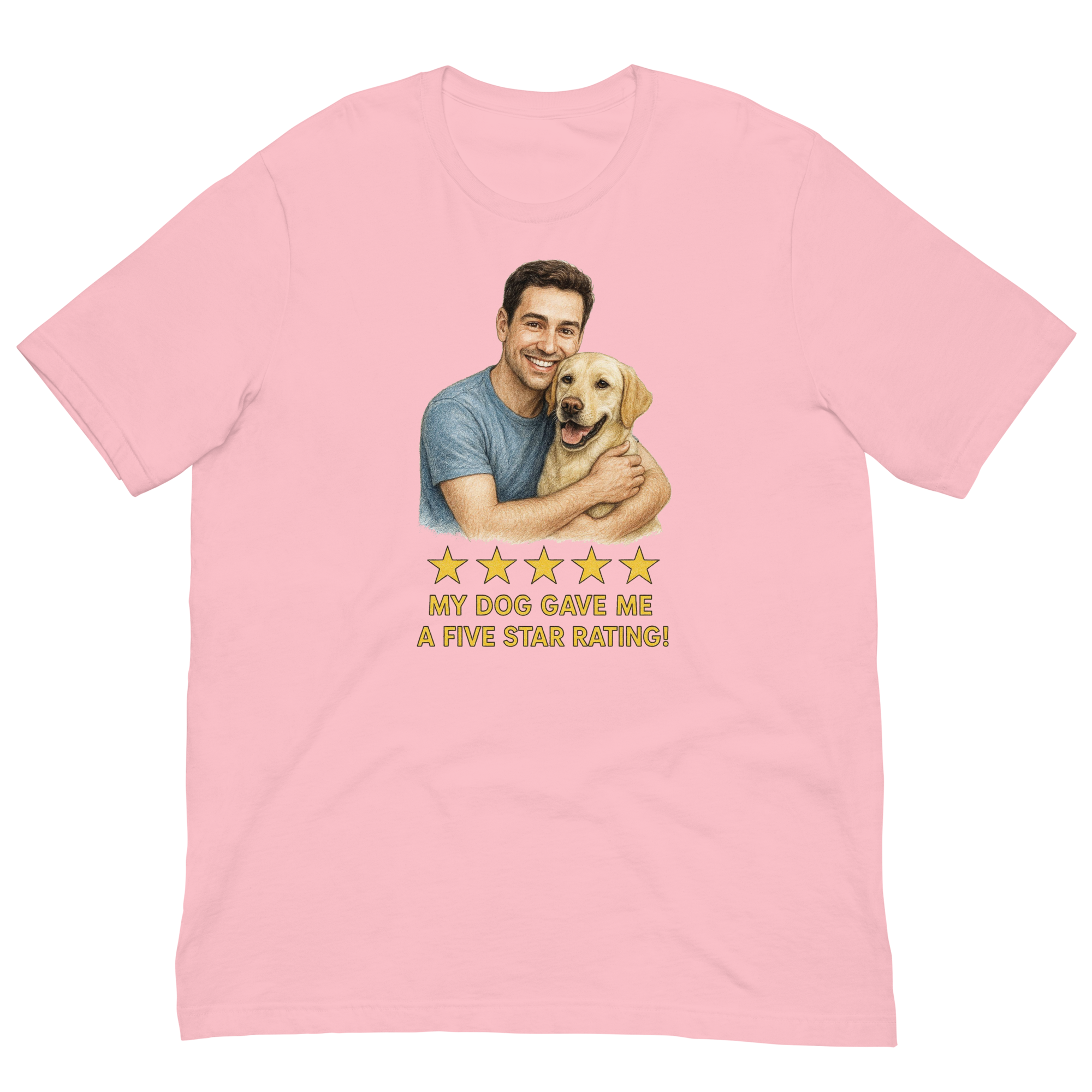 Brunette Man with Yellow Labrador graphic tee.