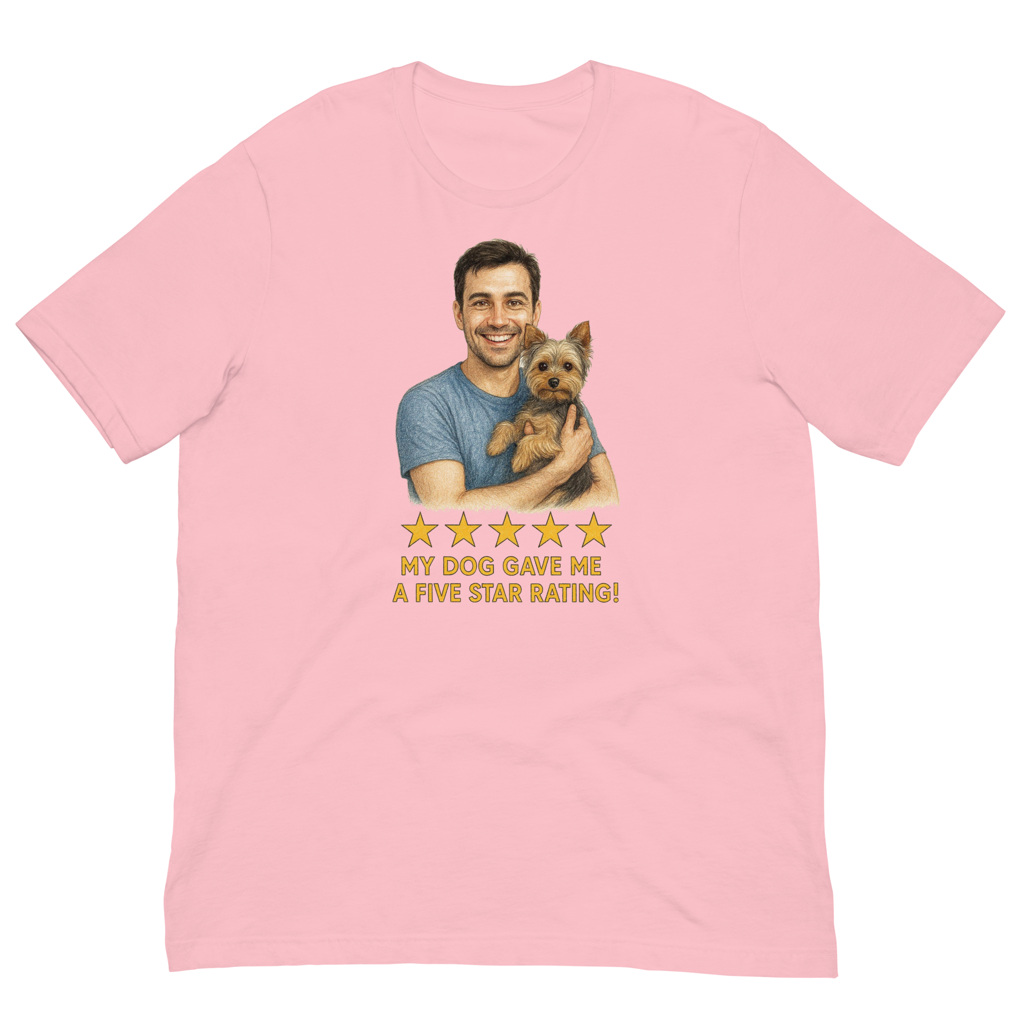 Brunette Man with Yorkie graphic tee.
