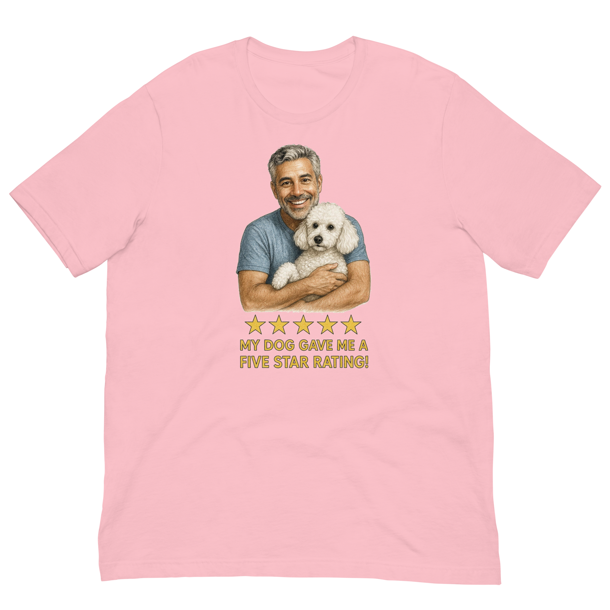 Salt & Pepper Man with White Poodle graphic tee.