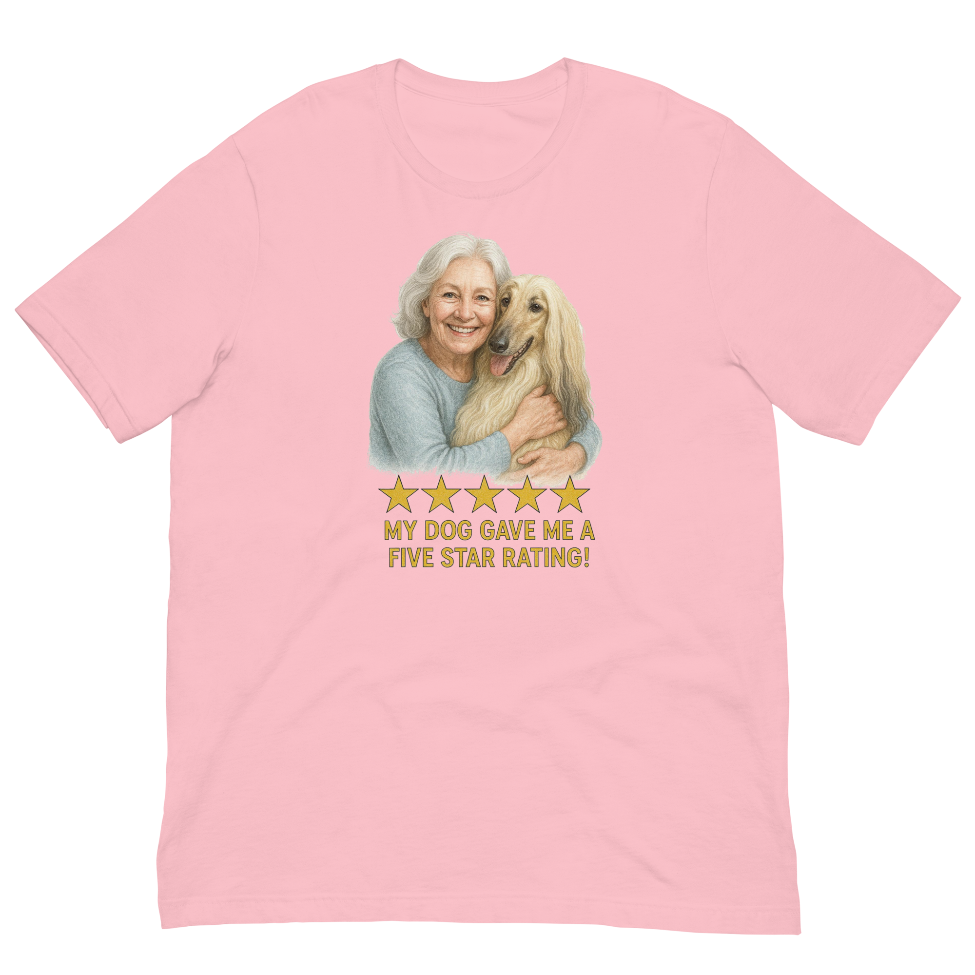 White Hair Woman with Afghan Hound graphic tee.