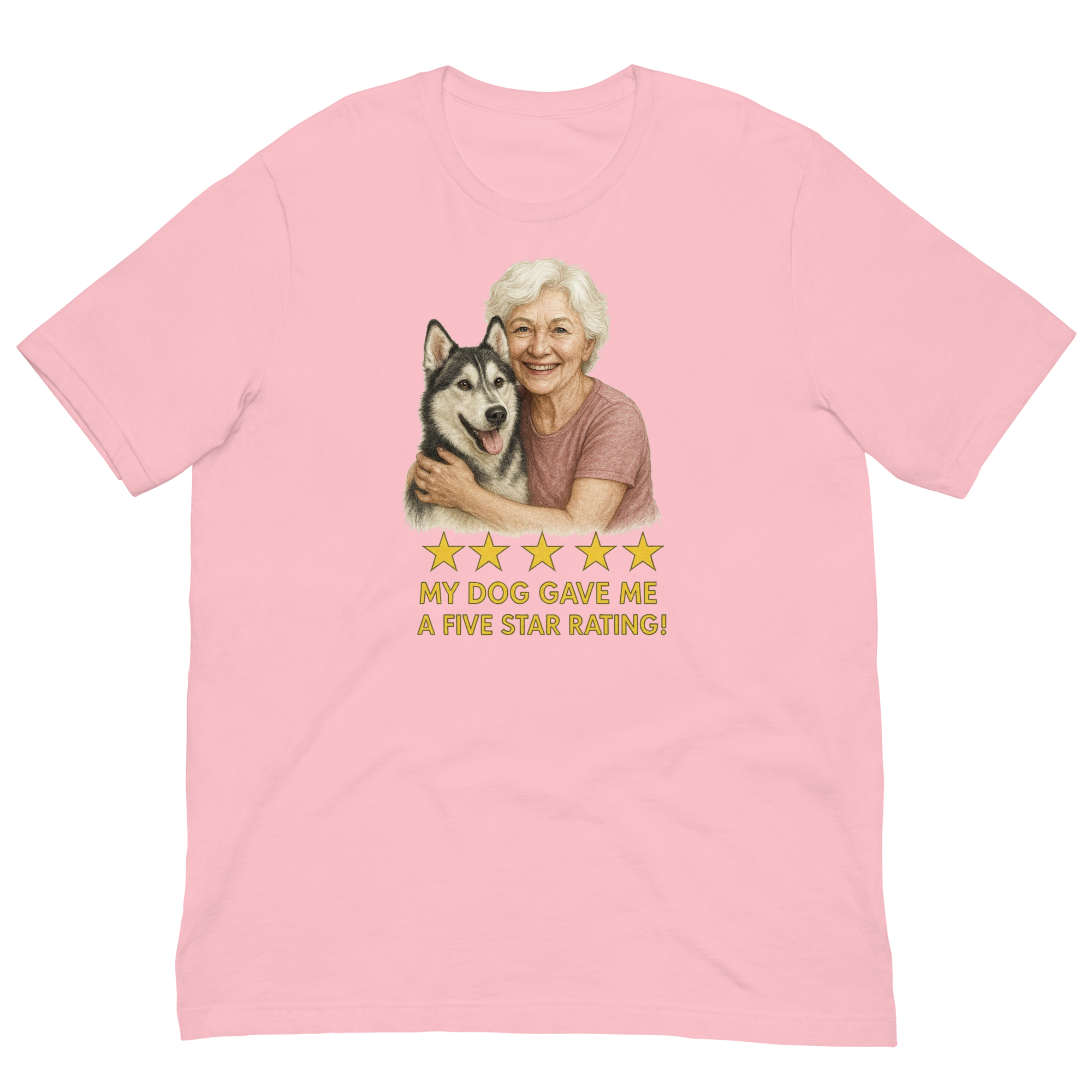 White Hair Woman with Alaskan Husky graphic tee.