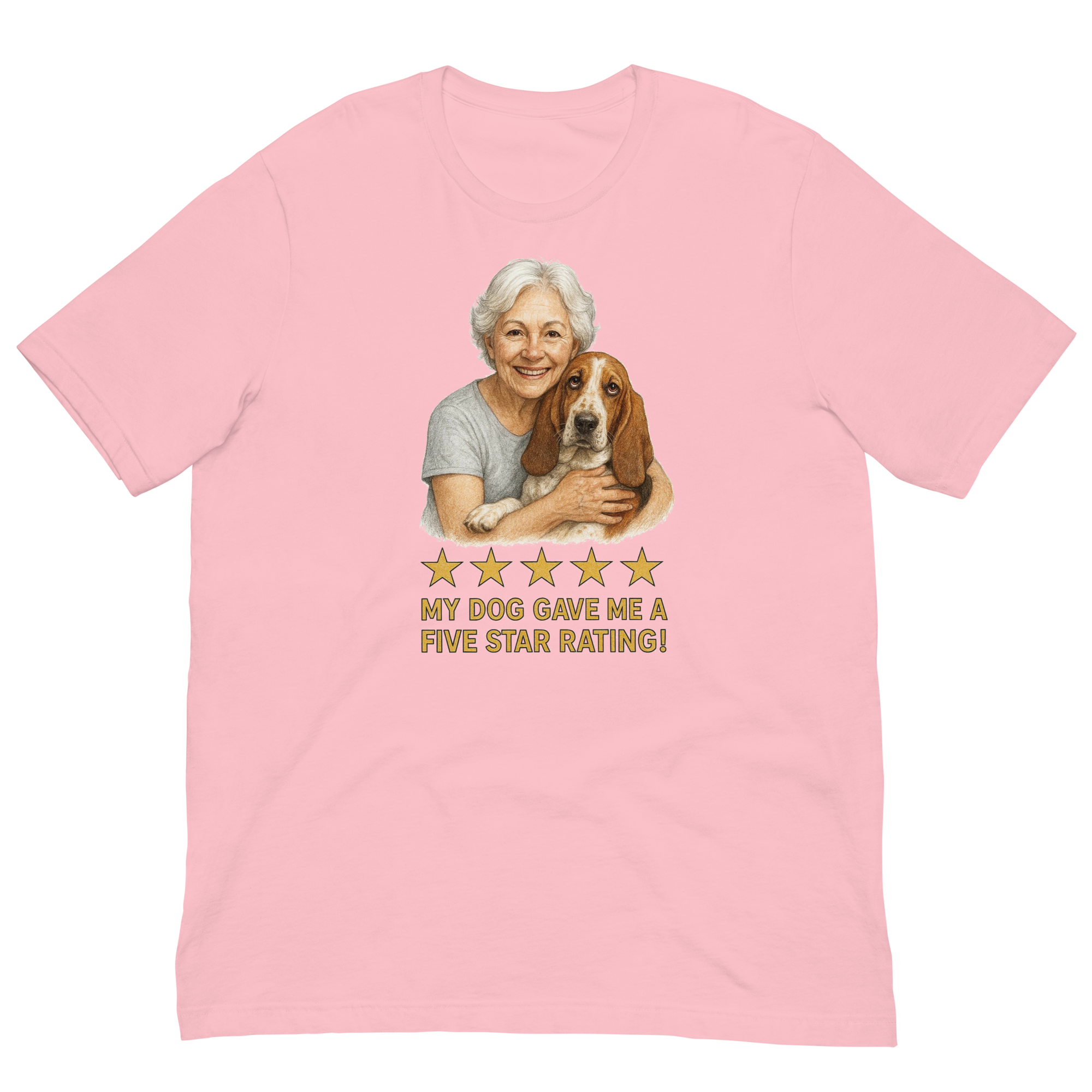 White Hair Woman with Basset Hound graphic tee.