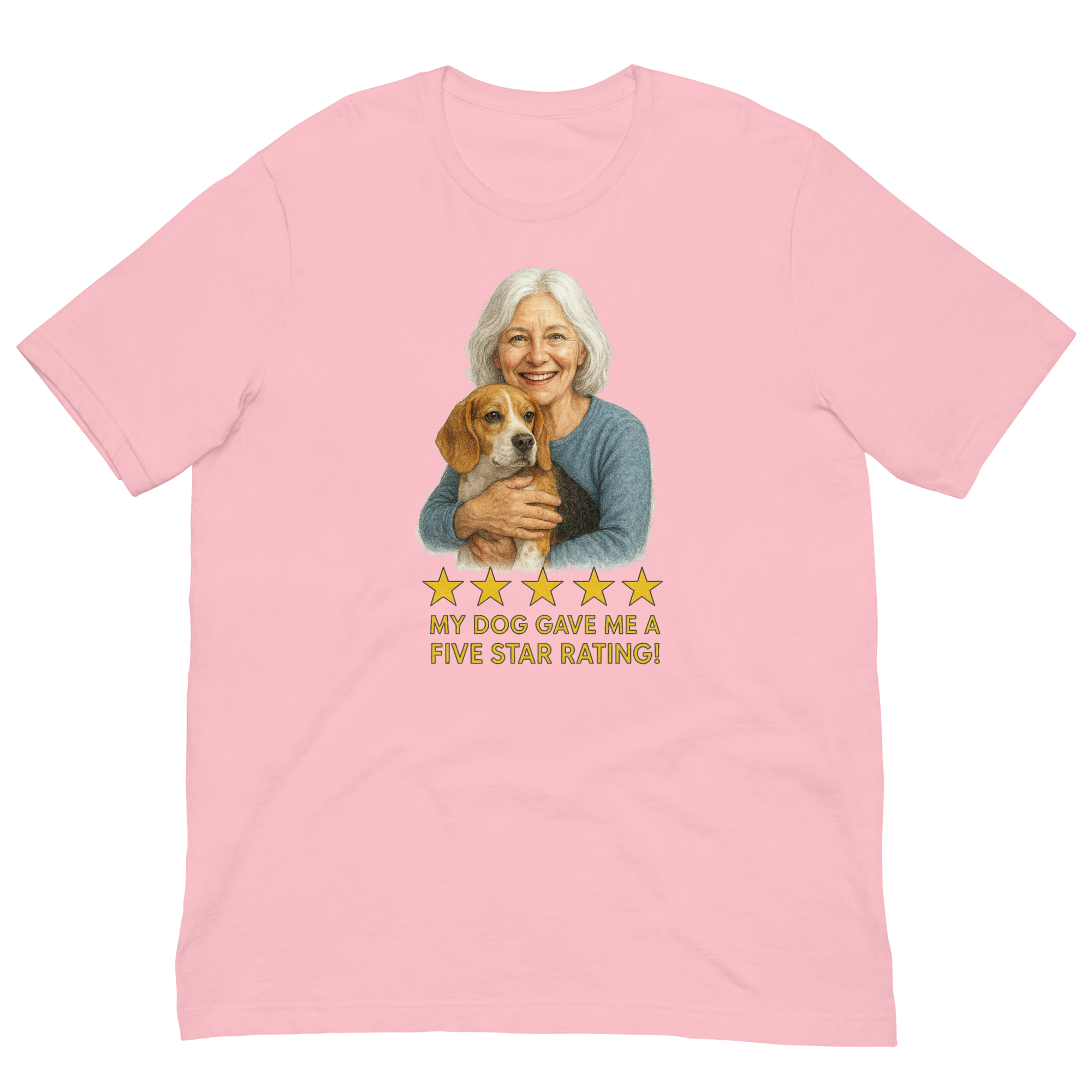 White Hair Woman with Beagle graphic tee.