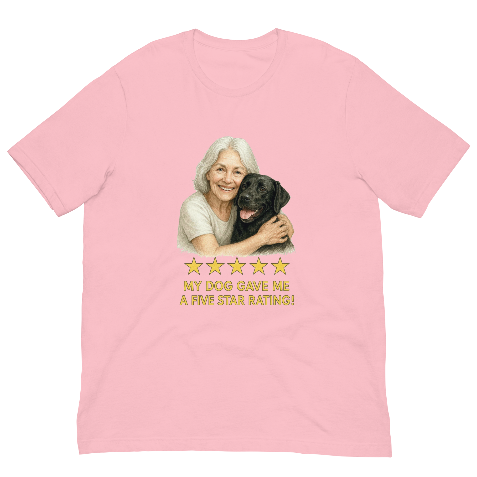 White Hair Woman with Black Labrador graphic tee.