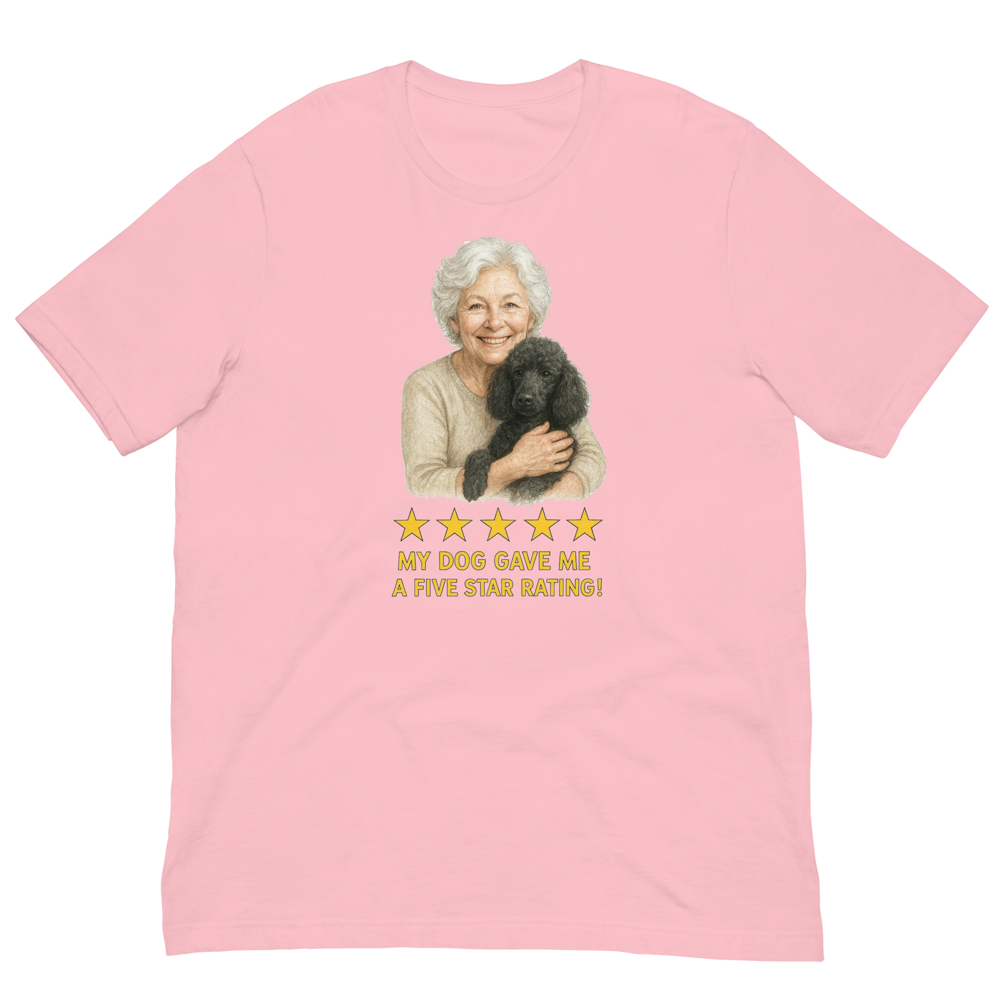 White Hair Woman with Black Poodle graphic tee.