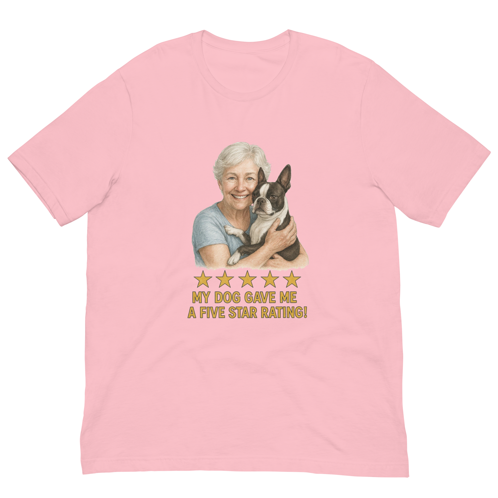 White Hair Woman with Boston Terrier graphic tee.