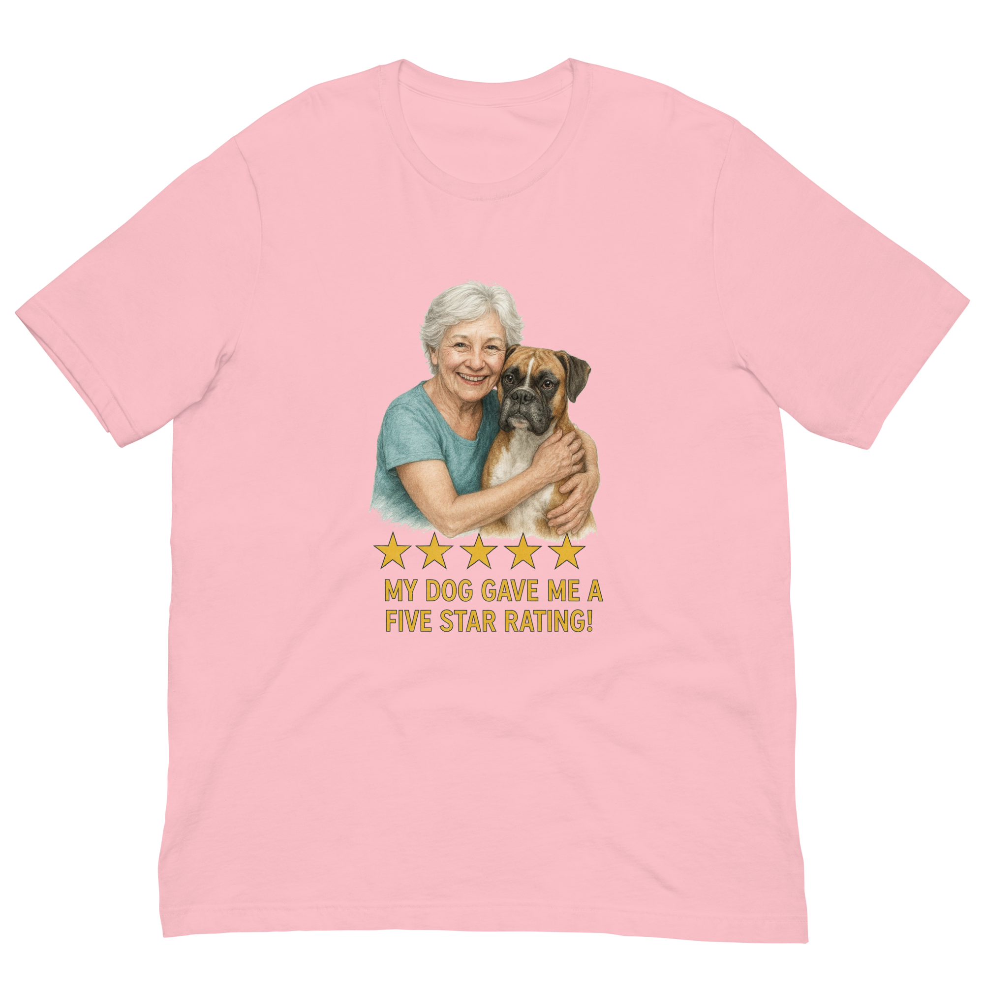 White Hair Woman with Boxer graphic tee.