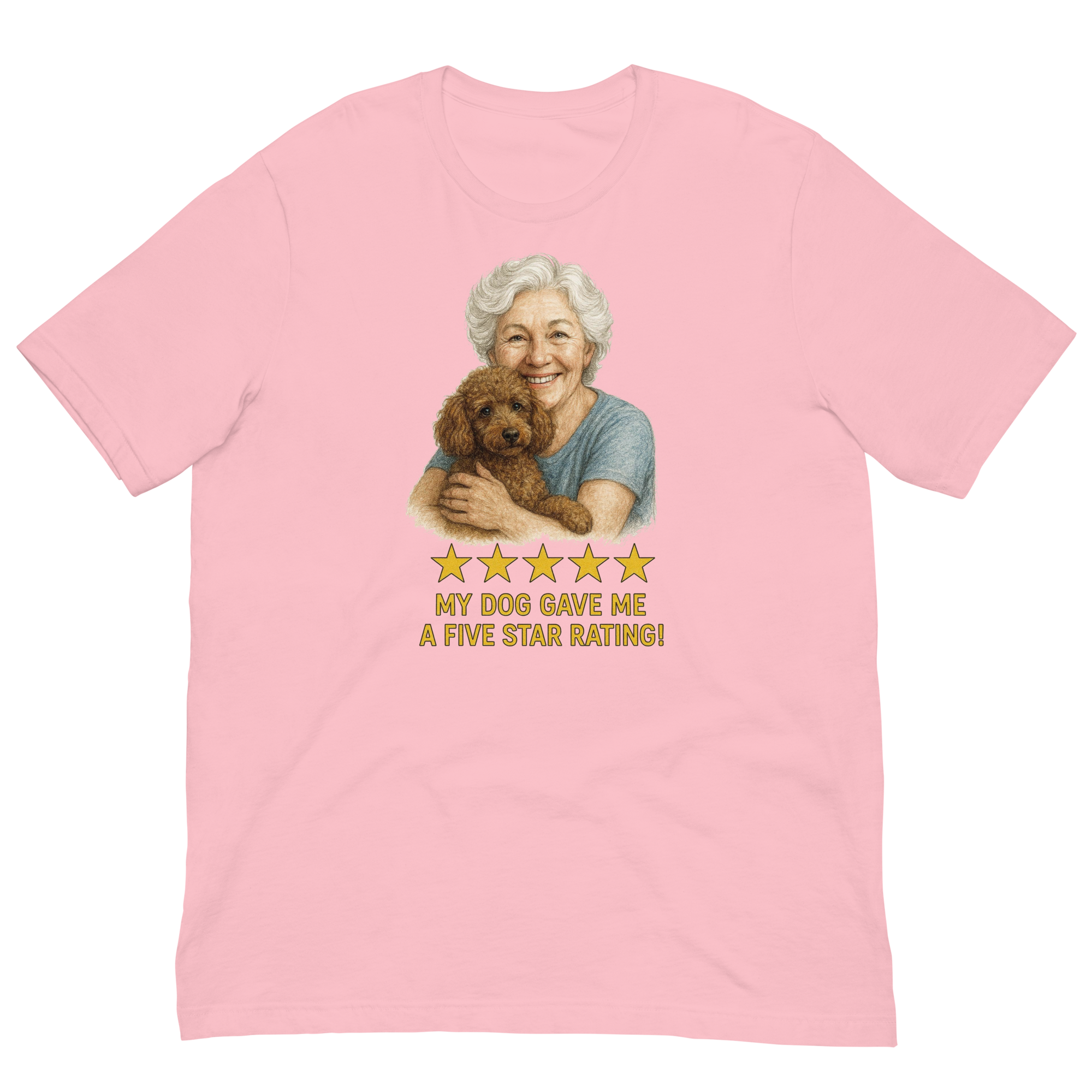 White Hair Woman with Brown Poodle graphic tee.
