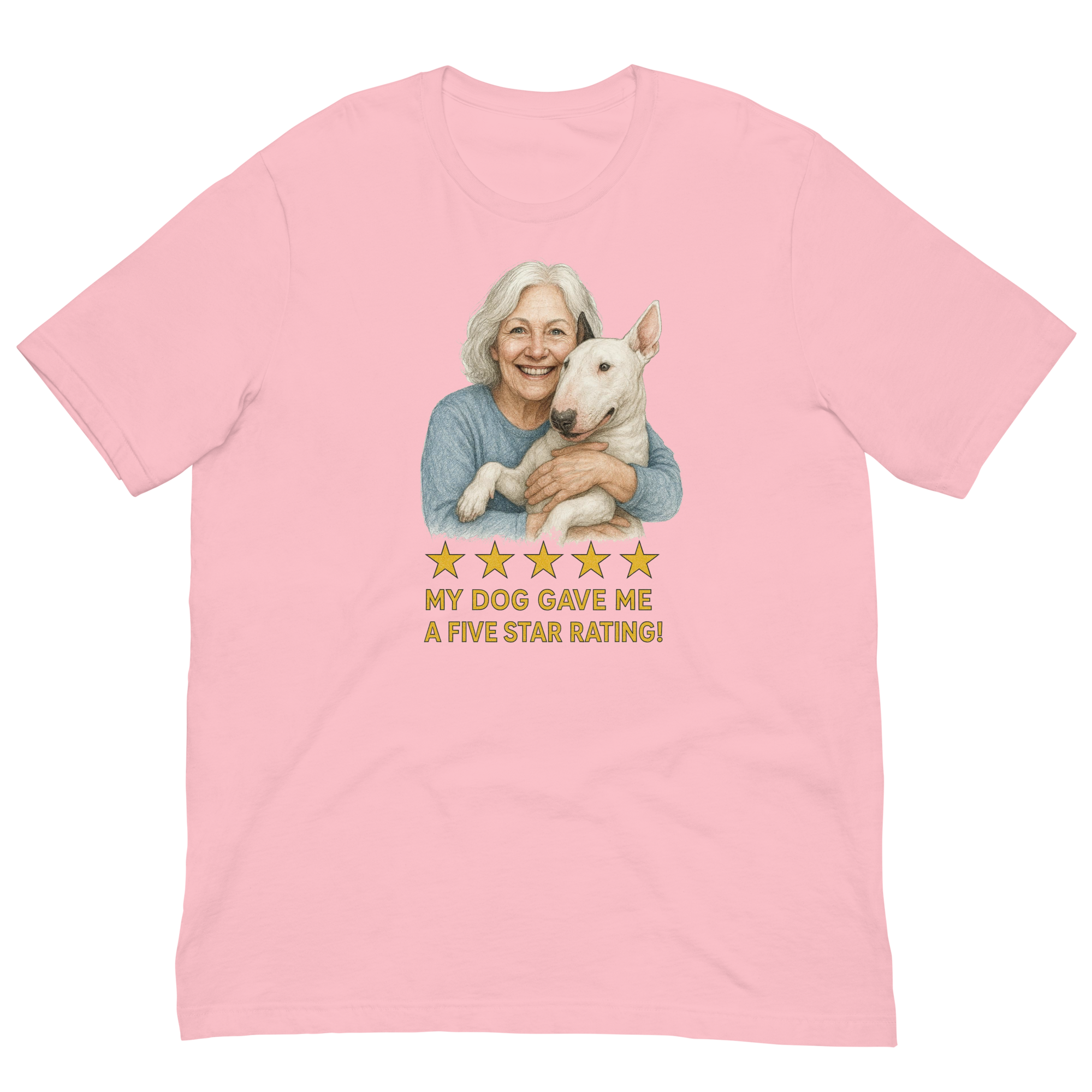 White Hair Woman with Bull Terrier graphic tee.