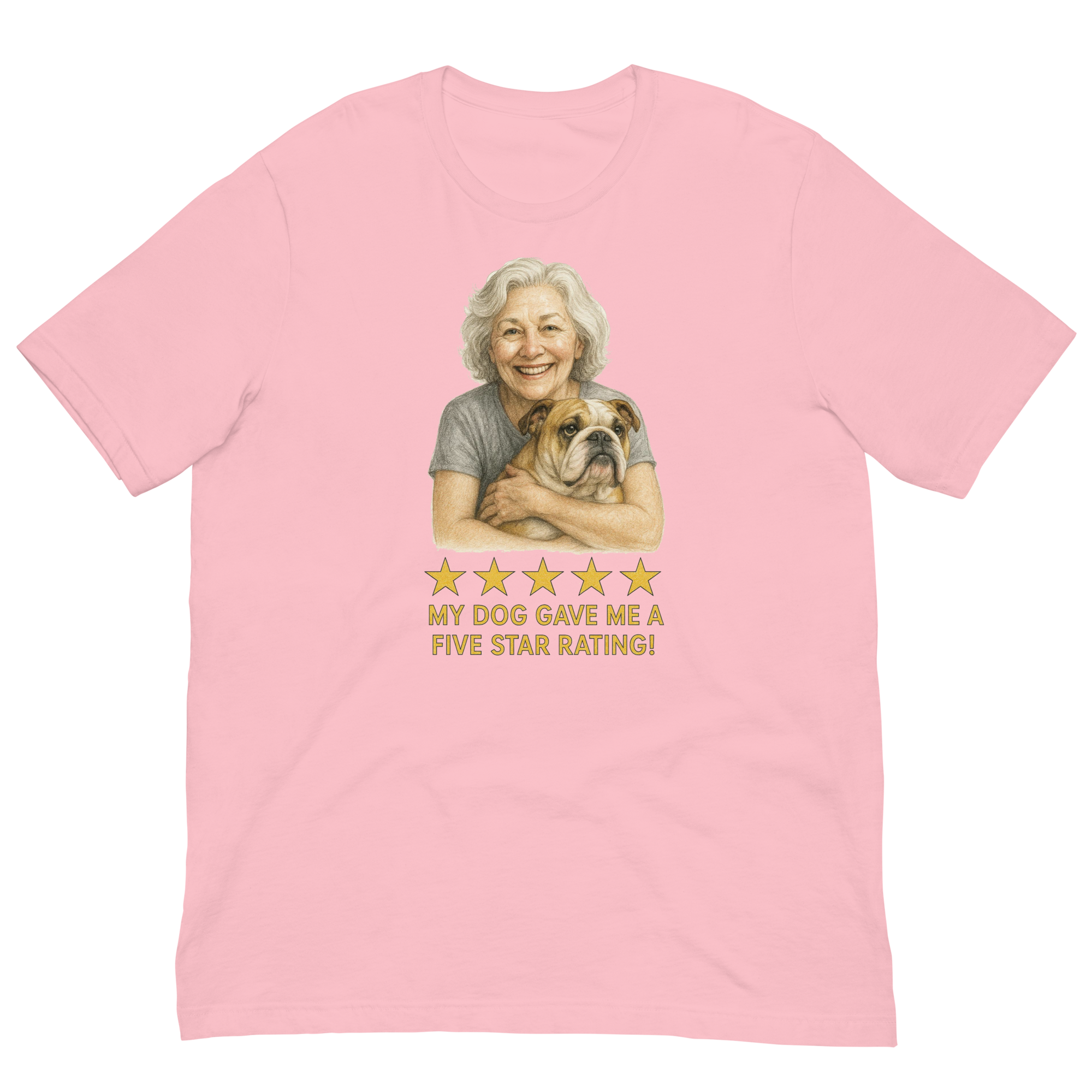 White Hair Woman with Bulldog graphic tee.