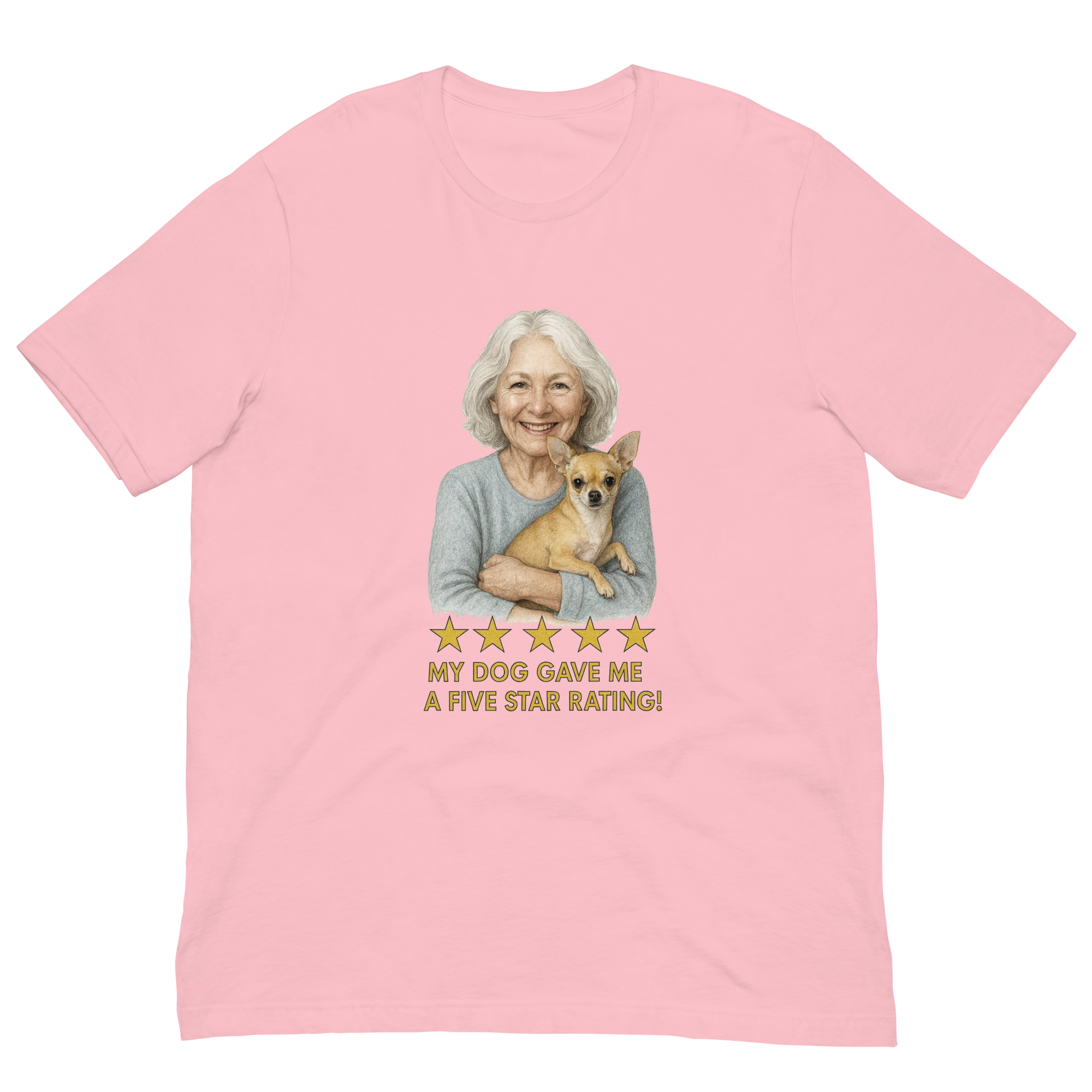 White Hair Woman with Chihuahua graphic tee.
