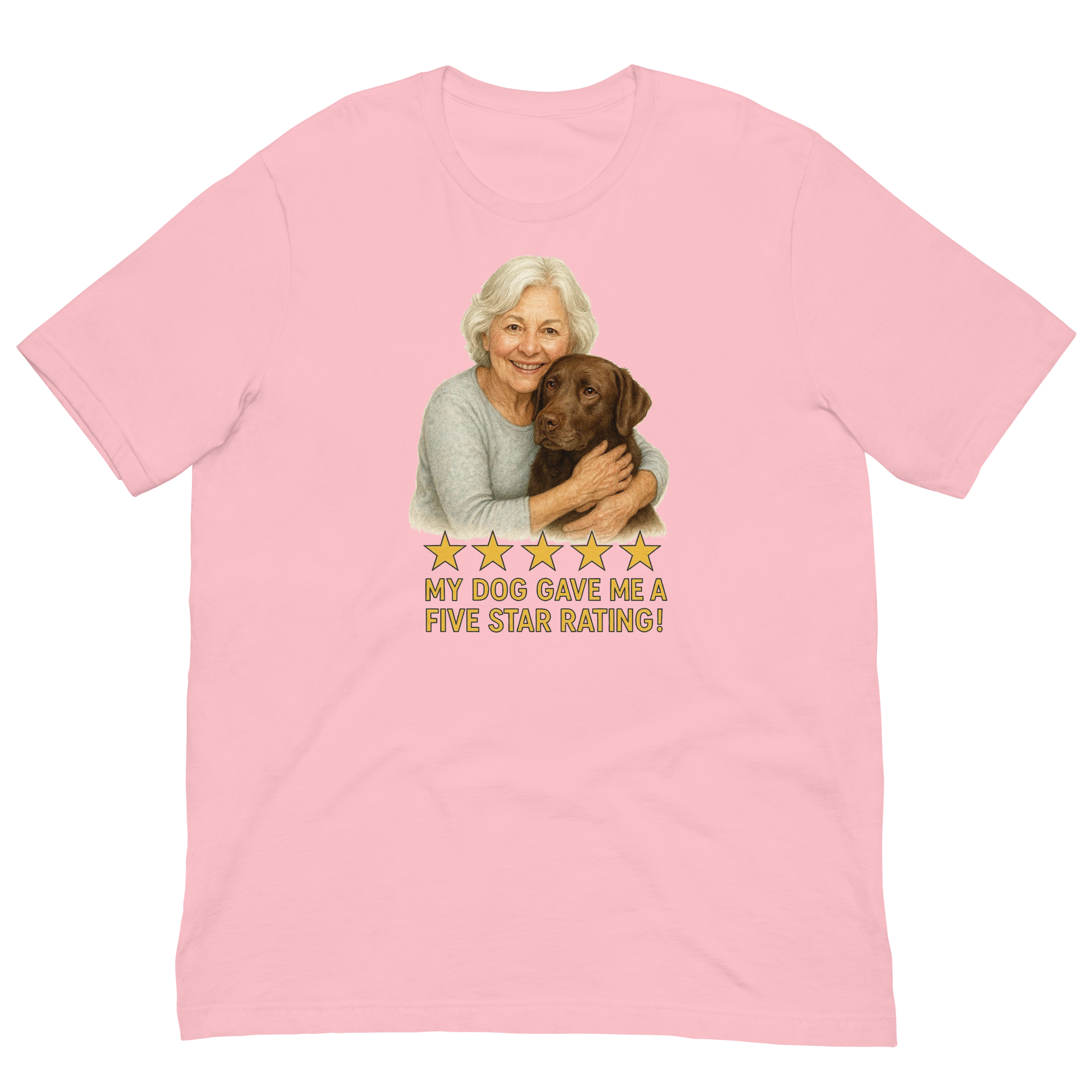 White Hair Woman with Chocolate Labrador graphic tee.