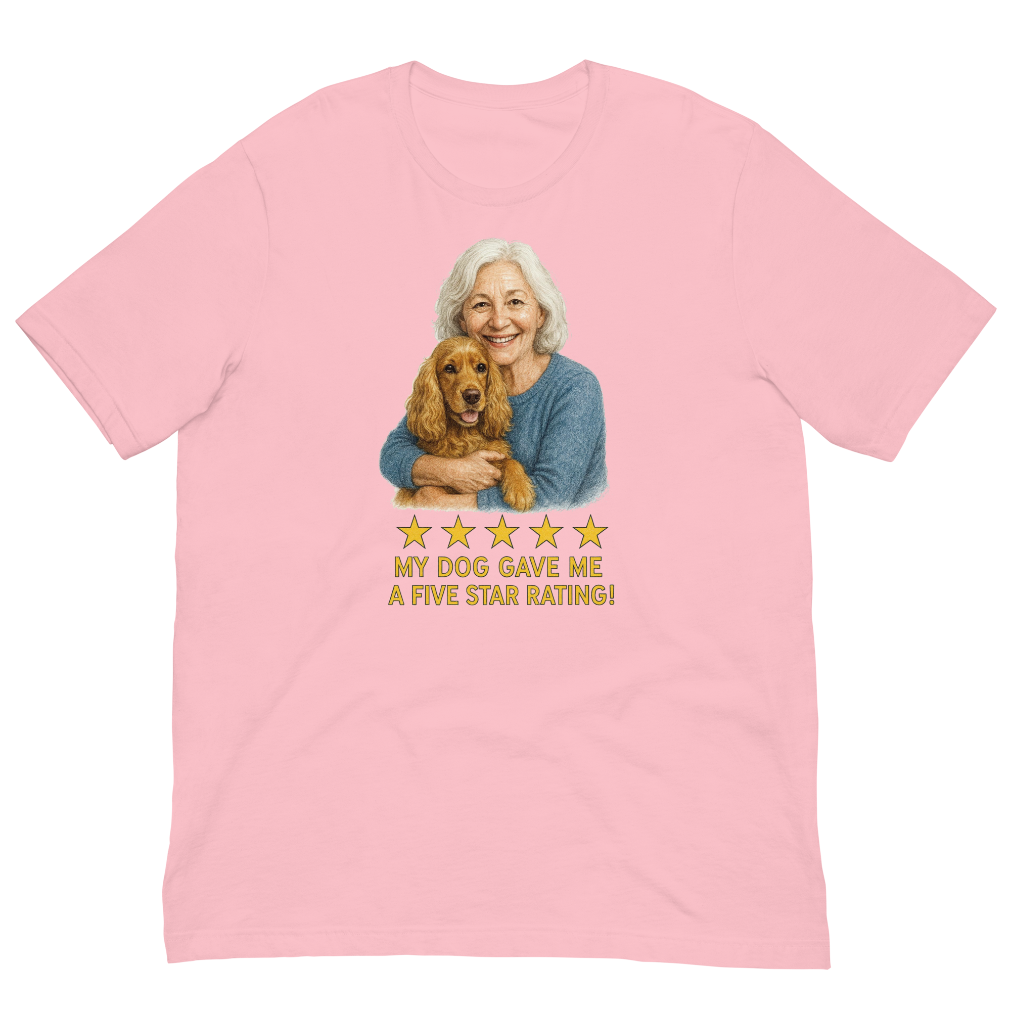 White Hair Woman with Cocker Spaniel graphic tee.