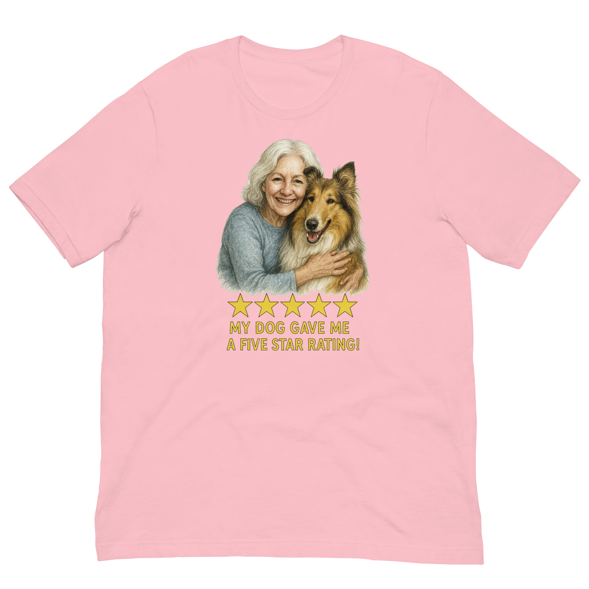 White Hair Woman with Collie graphic tee.