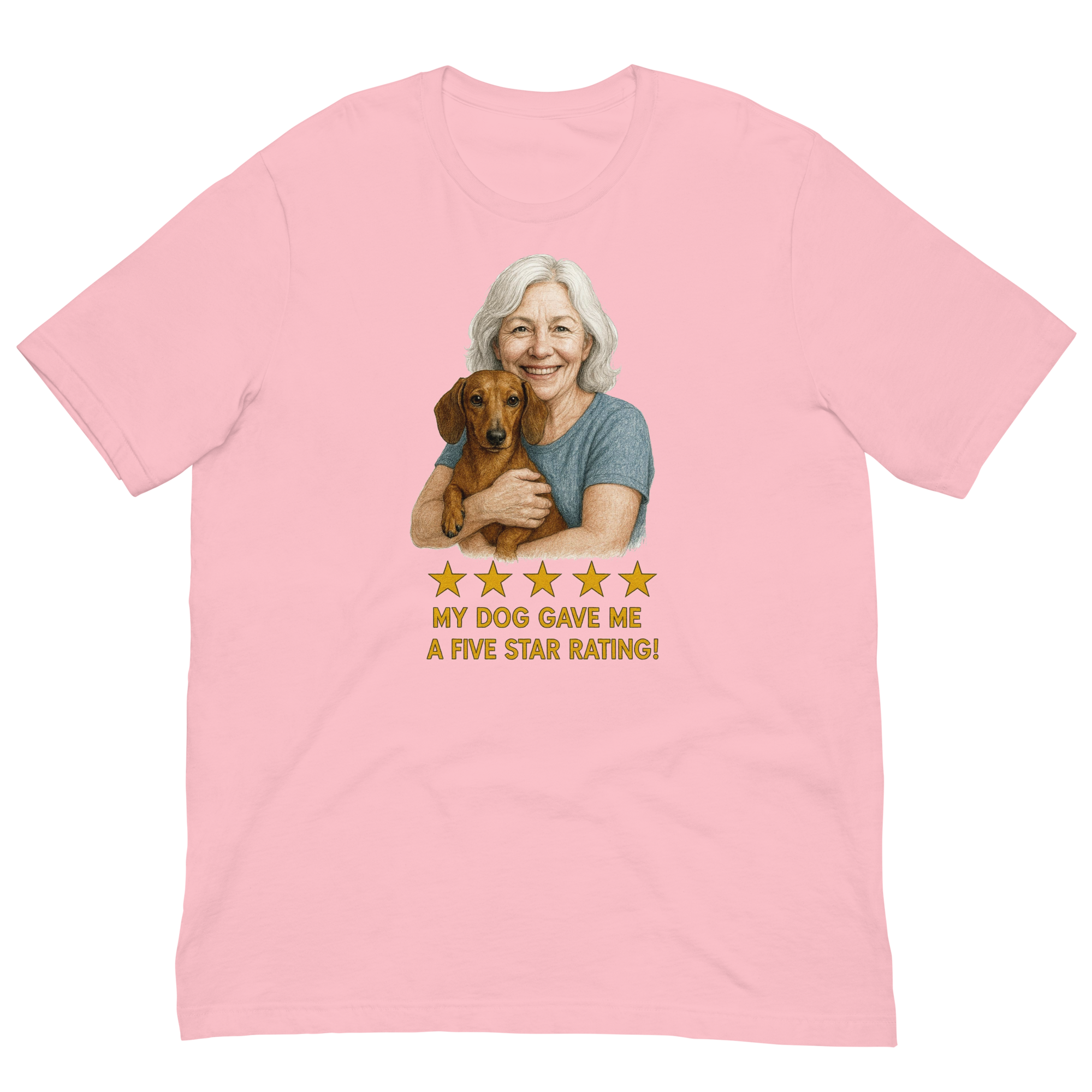 White Hair Woman with Dachshund graphic tee.
