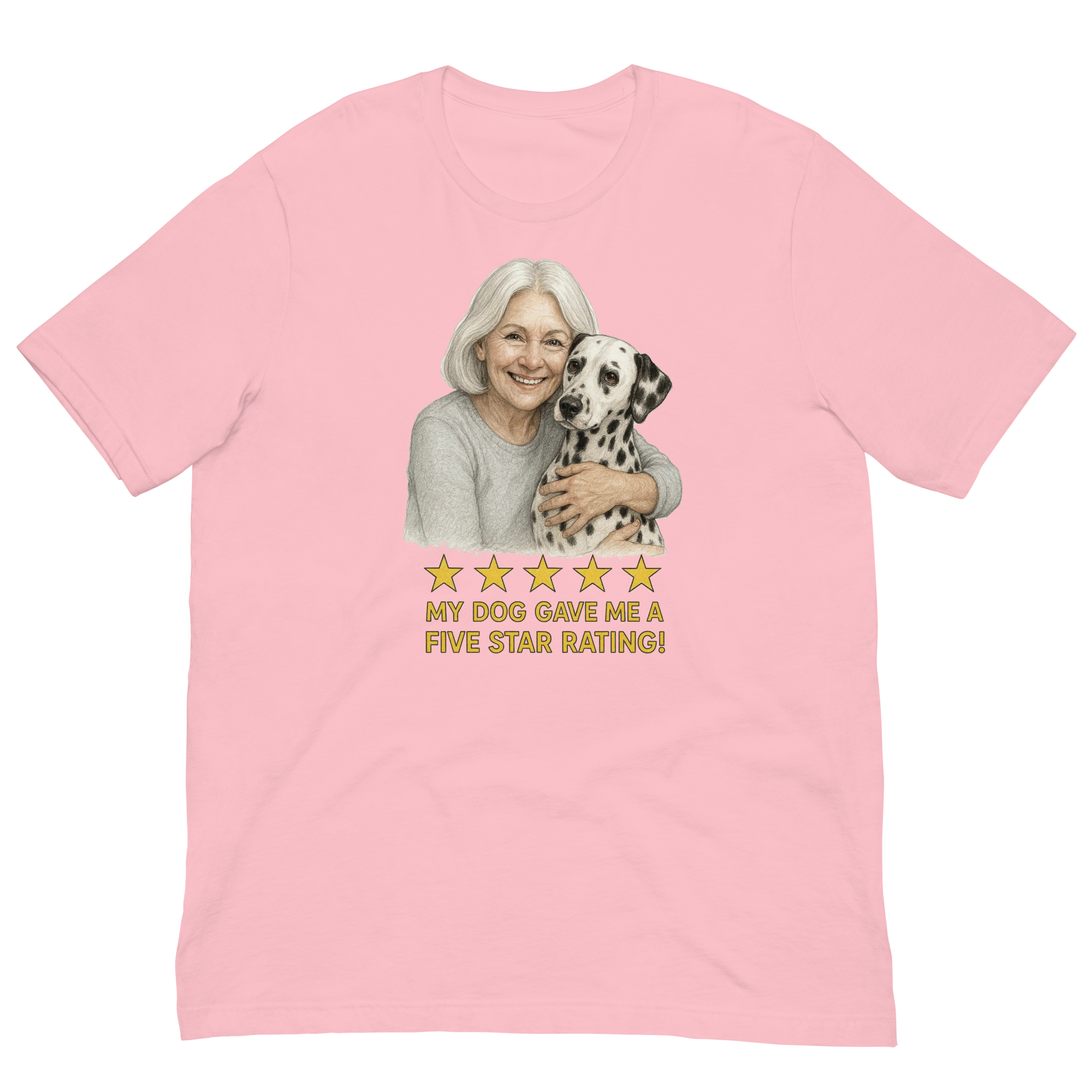 White Hair Woman with Dalmatian graphic tee.