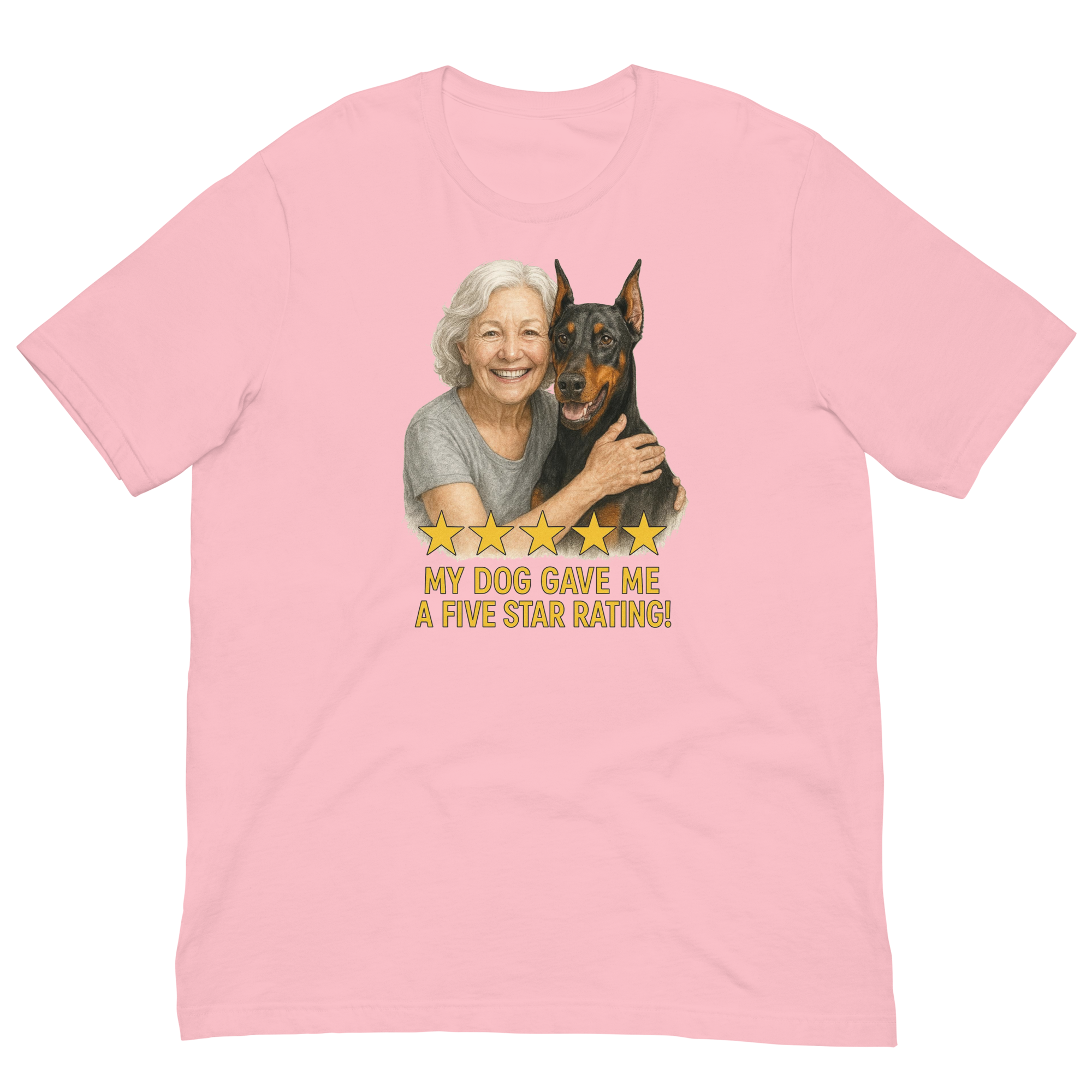 White Hair Woman with Doberman Pinscher graphic tee.