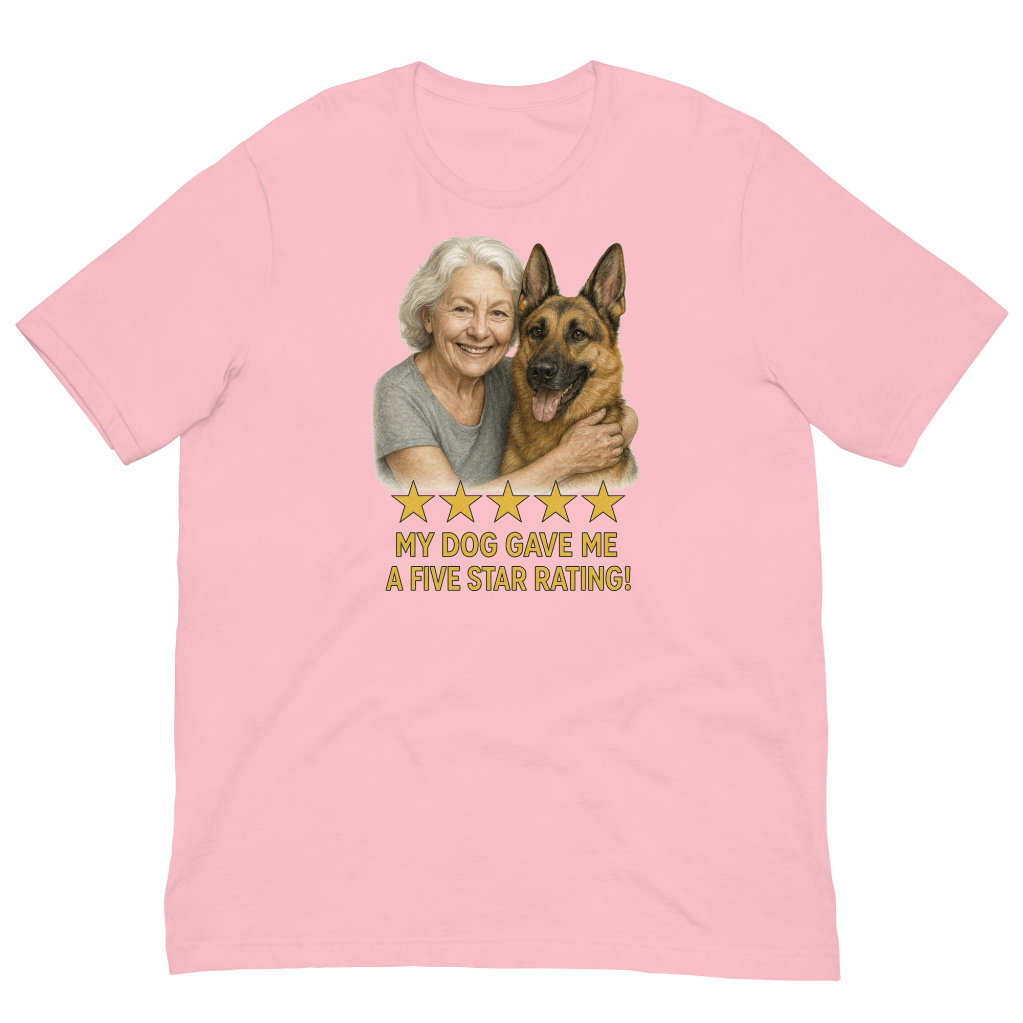 White Hair Woman with German Shepherd graphic tee.